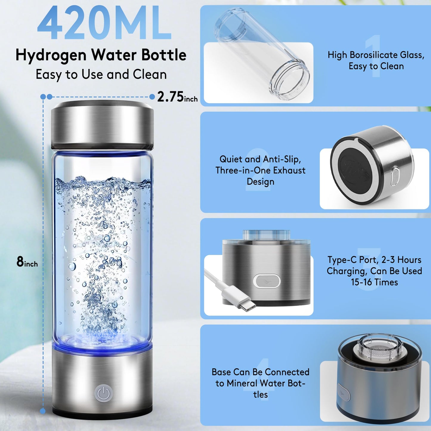 2025 New Hydrogen Water Bottle, 2200PPB in 3Min, SPE PEM Tech, Portable 16OZ, Rechargeable Hydrogen Water Bottle for Travel, Home, Office – Gift for Family & Friends (Silver)