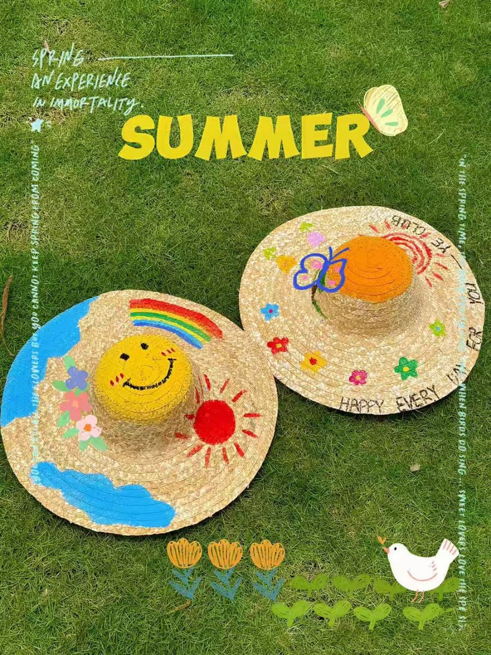 Cumuiu DIY Straw Hat Craft Painting Hats Handmade Hat Tea Party Hats Cap Beach Sun Hat Art Painting Hat with Paints & Brush (US, Age, 3 Years, 5 Years, 10)