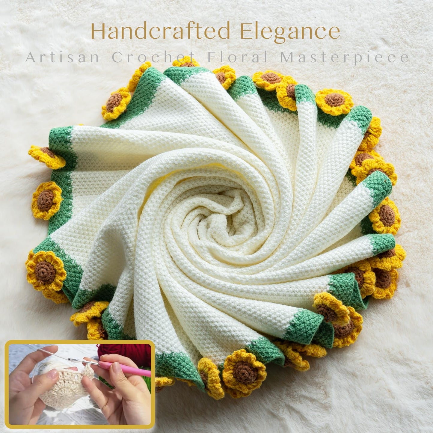 EIGHTOWN 43'' Crochet Sunflowers Rose Bouquet Blanket Finished - Handmade Knitted Throw Blanket - Home Décor Ideal Gift for Mom - Mother's Day Birthday Valentine's Day (Sunflower)