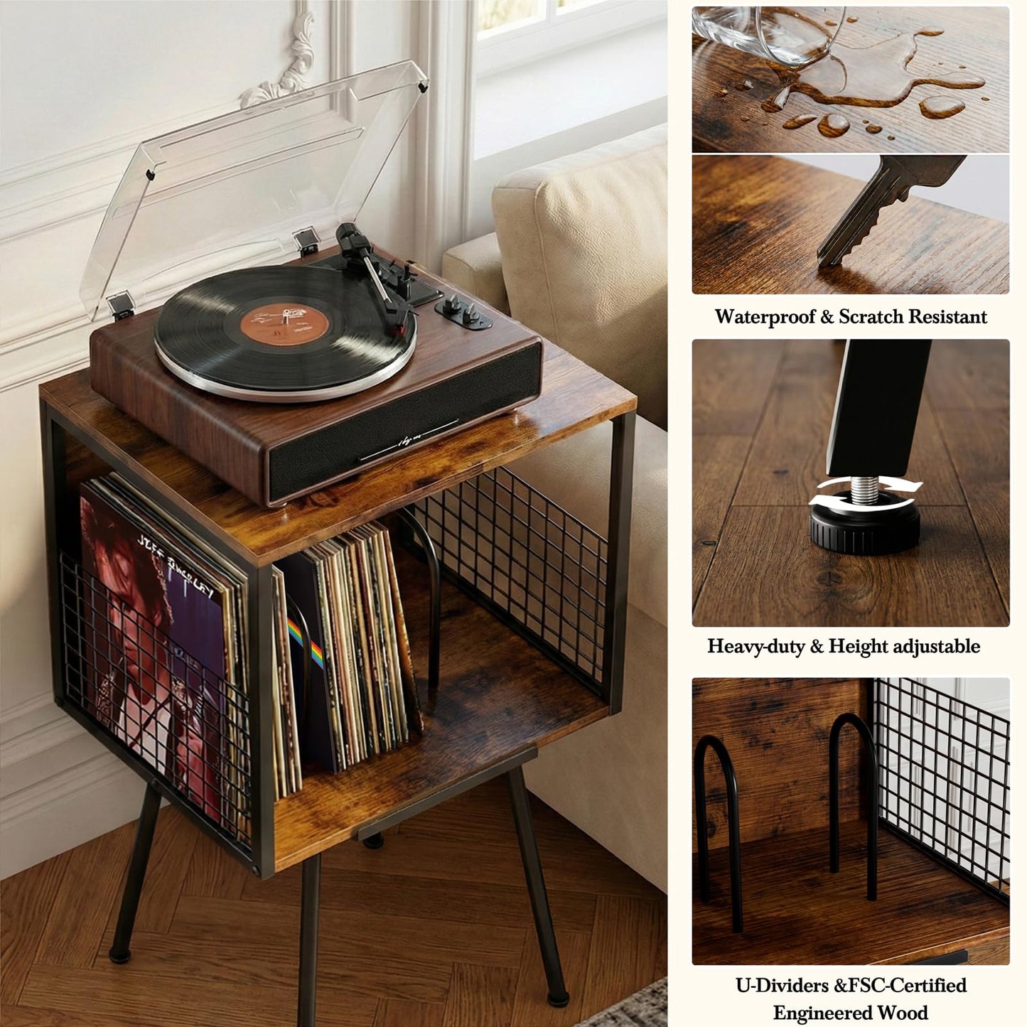 Faesun Record Player Stand with Storage Holds 100+ Vinyl Records, Industrial Turntable Stand with Storage Shelf, LP Album Organizer Cabinet for Small Spaces,Rustic End Table