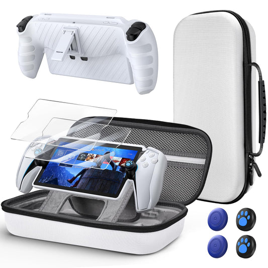 KOVA 10 in 1 Accessories Kit for Playstation Portal, Carrying Case & TPU Skin Cover with Kickstand for PS5 Portal Console, Travel Shell with 2* Screen Protector & 4* Thumb Grip for PS Portal Handheld, White