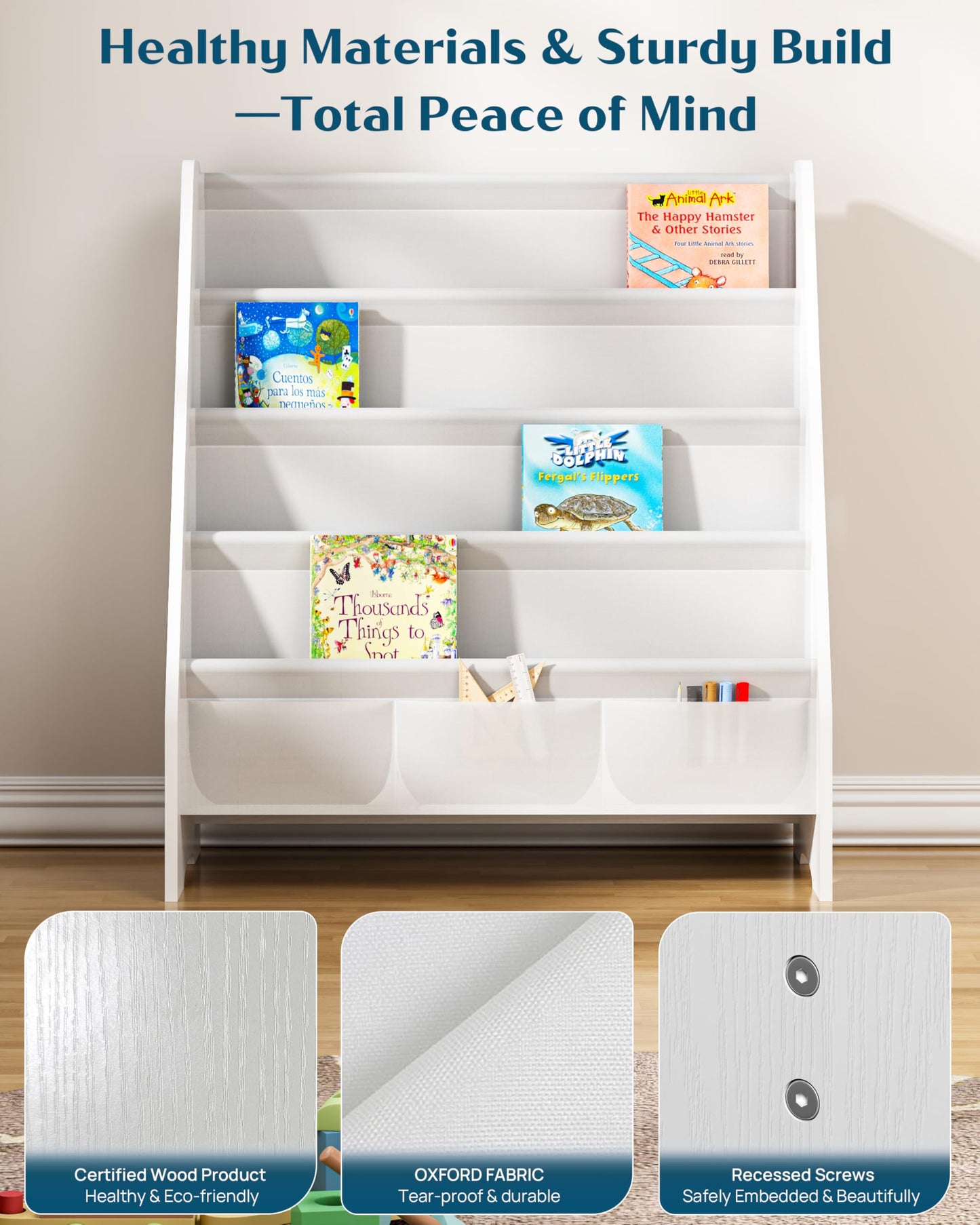 SEIRIONE Sturdy Kids Bookshelf,4-Tier Book Shelf for Kids Room with Tear-Proof Oxford Fabric-Nursery Room Playroom Classroom,Deep Slings to Keep Books Upright,Ideal Height for Toddler Age 3+, White