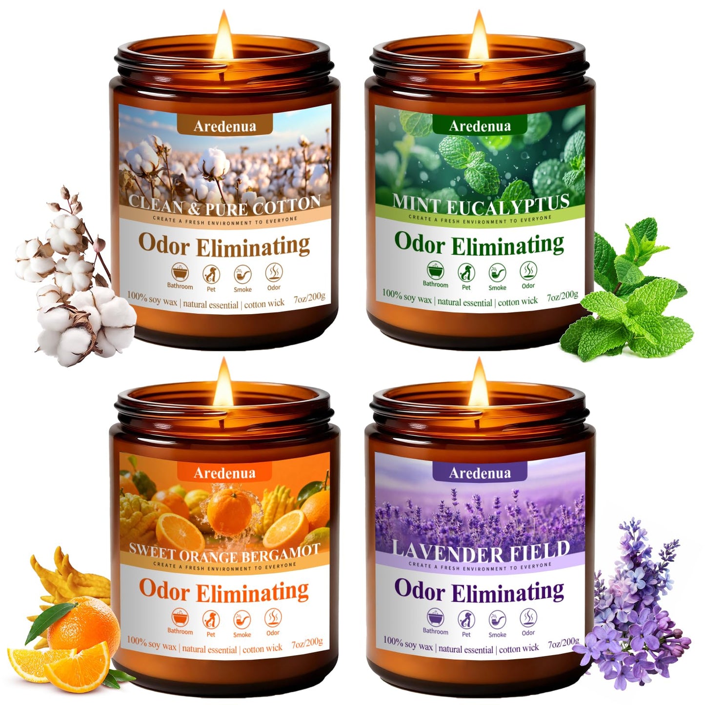4 Pack Odor Eliminating Candles Set - Eliminates 95% of Pet, Smoke, Food & Other Smells - Air Freshing Scent of Orange/Mint/Lavender/Cotton - Up to 200 Hour Burn time - 28 oz Natural Soy Wax