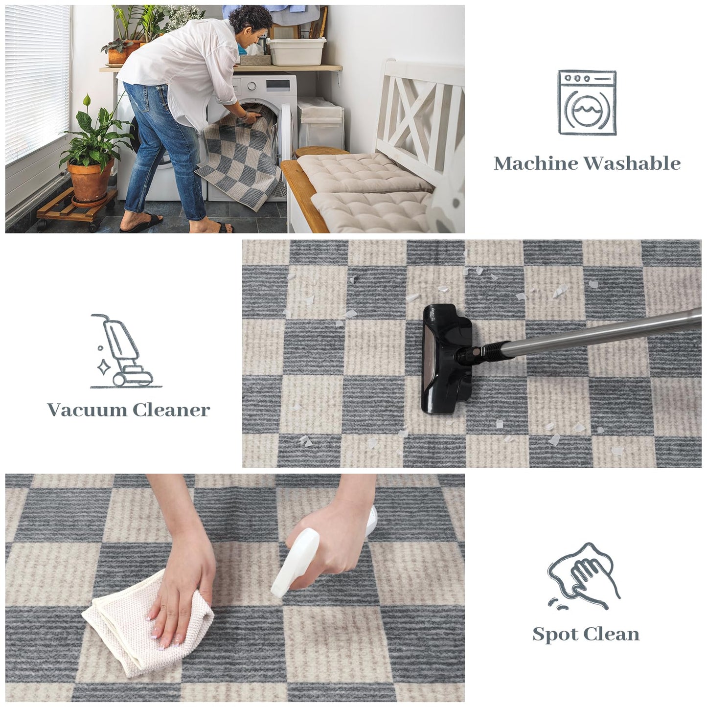 Machine Washable 5x7 Area Rugs for Living Room Checkered, Non Slip Soft Low Pile Geometric Modern Neutral Playroom Rugs for Bedroom Indoor, Large Carpet Rugs for Dining Room Kitchen(Grey, 5'x7')