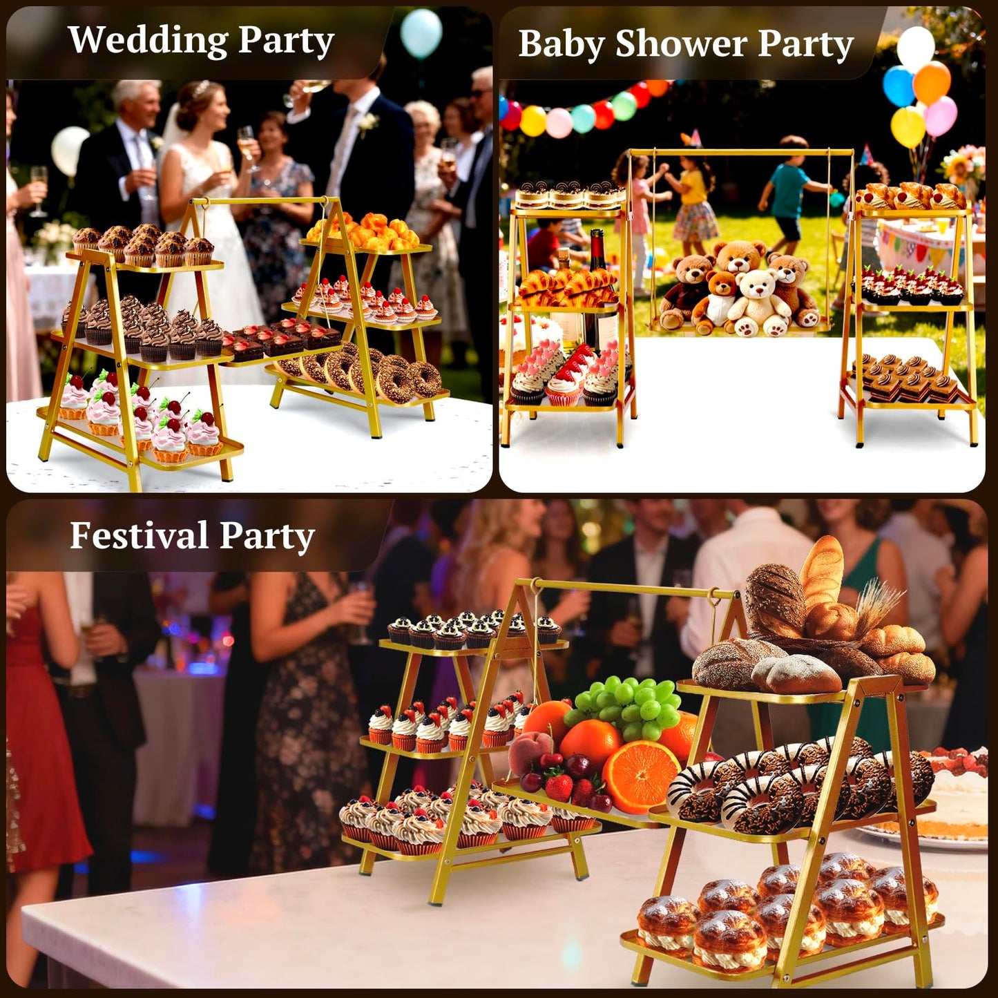 QDXIW Metal 3 Tier Cupcake Stands, Large Capacity Serving Removable Tray Dessert Stands with Swing Design and Anti-slip Base, Food Display for Parties and Events, Wedding, 32.28*15.55*20.47Inch (Gold)