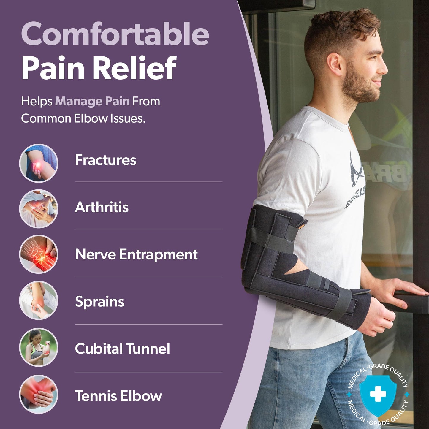 BraceAbility Elbow Immobilizer Brace | Removable Long Arm Cast and Soft Forearm Orthosis Splint for Broken Supracondylar, Distal Humerus, Proximal Ulna Fracture or Olecranon Bursitis (S/M)