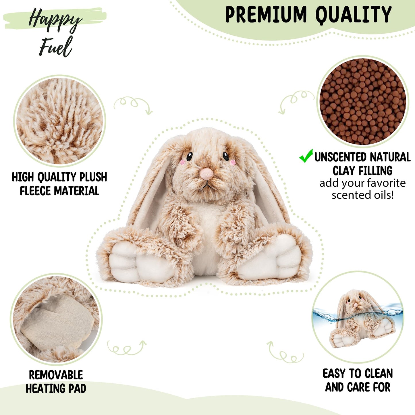 Happy Fuel Microwavable Unscented 1.5 lbs Heating Pad for Women and Kids - Cute Soft Cozy Pillow Plush Heatable Warm Stuffed Animals - Kawaii Hot and Cold Plushie Food Toy (Bunny)