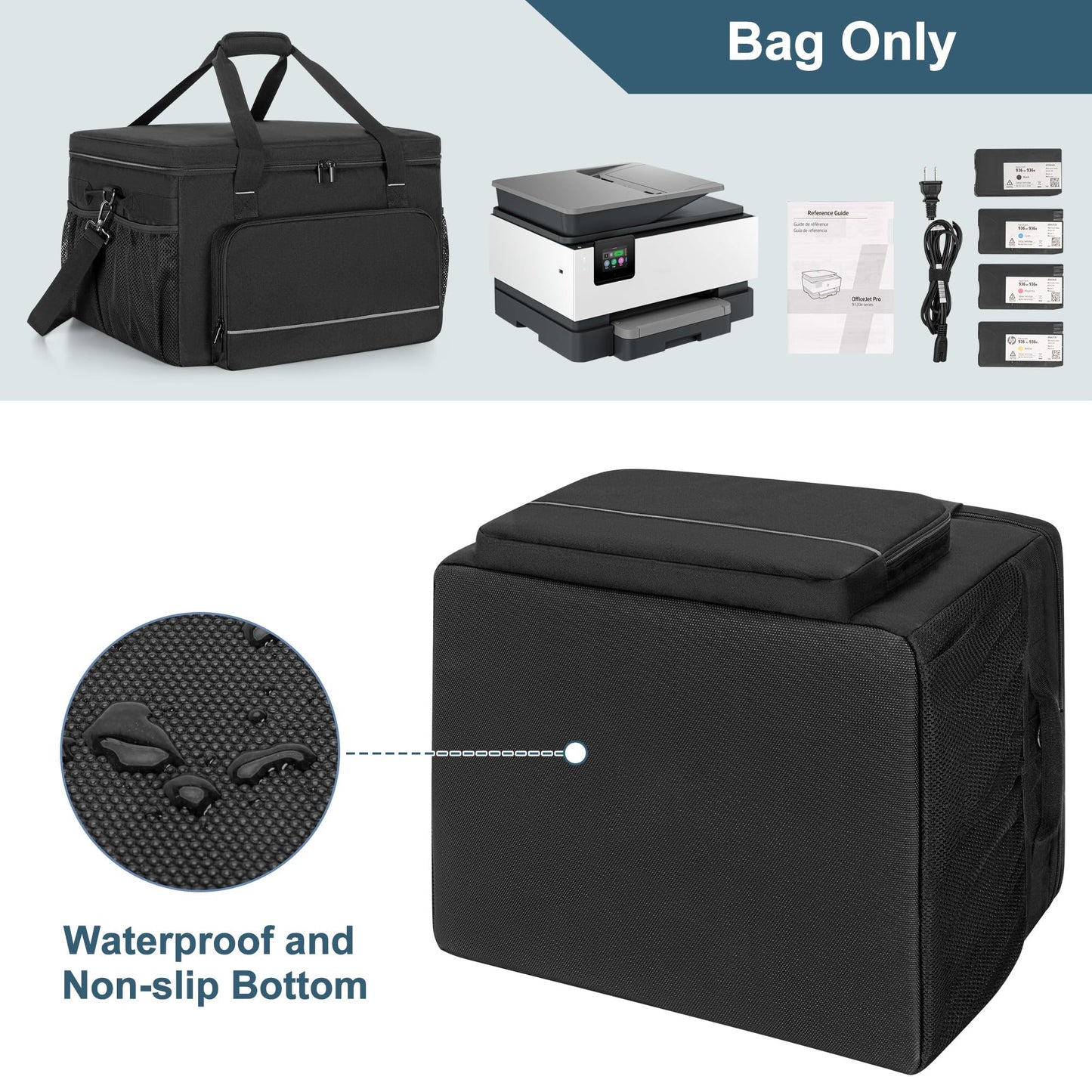 Yarwo Printer Carrying Case Compatible with HP OfficeJet Pro/DeskJet/Smart-Tank, Padded Office Printer Storage Bag with Base Board and Dividers for Ink, Paper and Office Supplies (BAG ONLY)