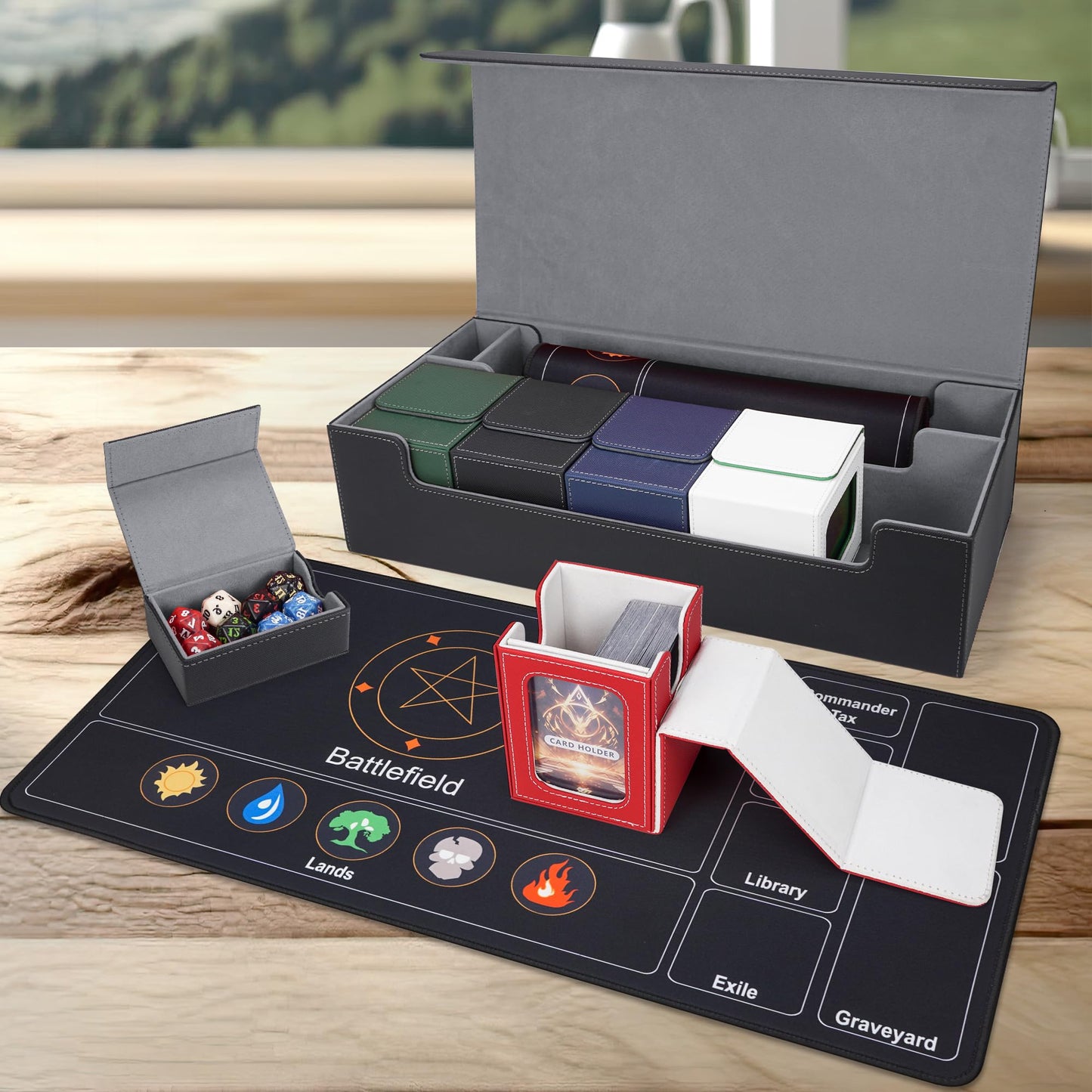 AFIING MTG Deck Box 6 In1 with MTG Playma,Premium Card Storage Box with 5 Pcs MTG Deck Box Holds 2400+ Trading Cards, Large TCG Card Deck Case for Magic Yugioh Sports Cards (Black&Grye)