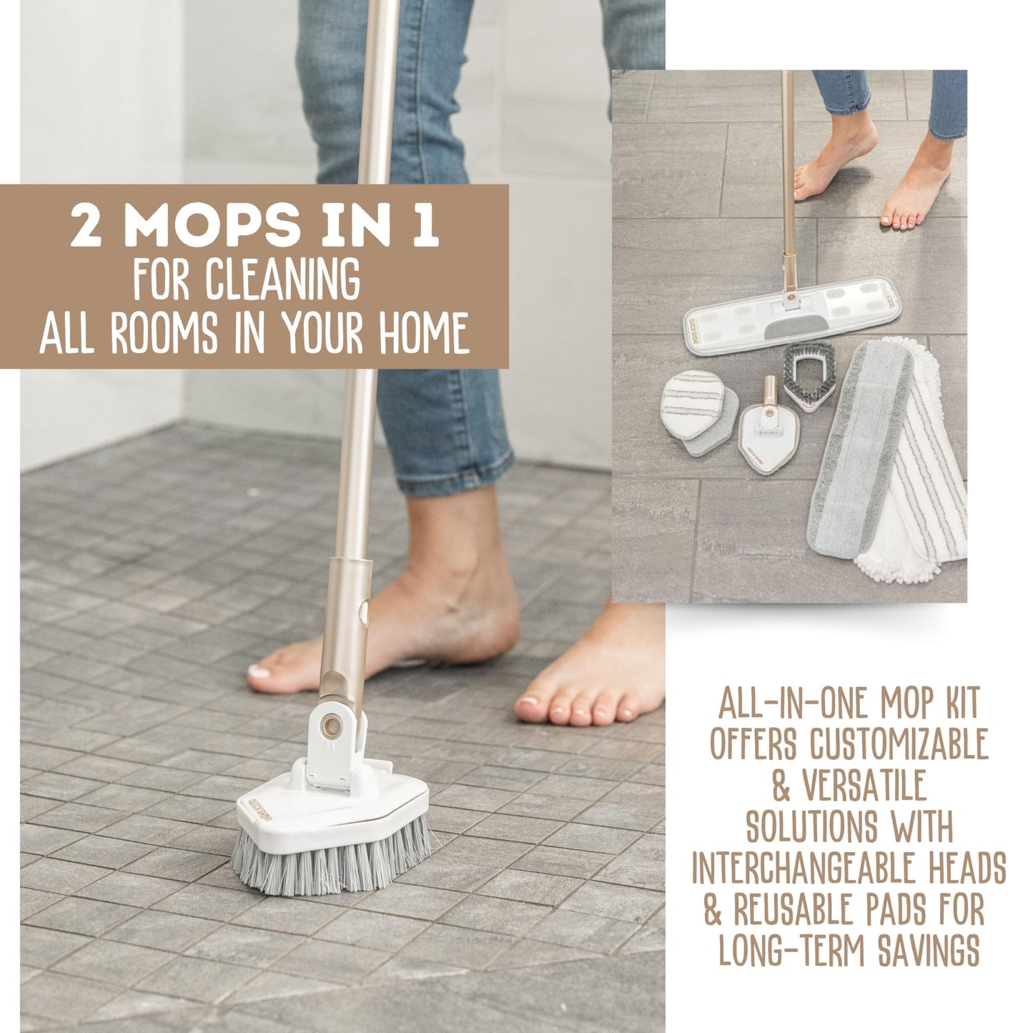 Quick Shine Ultimate Gold Clean + Polish Mop Kit, 11 Pc Set w/Interchangeable Attachments, Cleaner & Finish Included | 2-in-1 Pro Cleaning System w/ Microfiber Pads | All Floors | No Batteries Needed