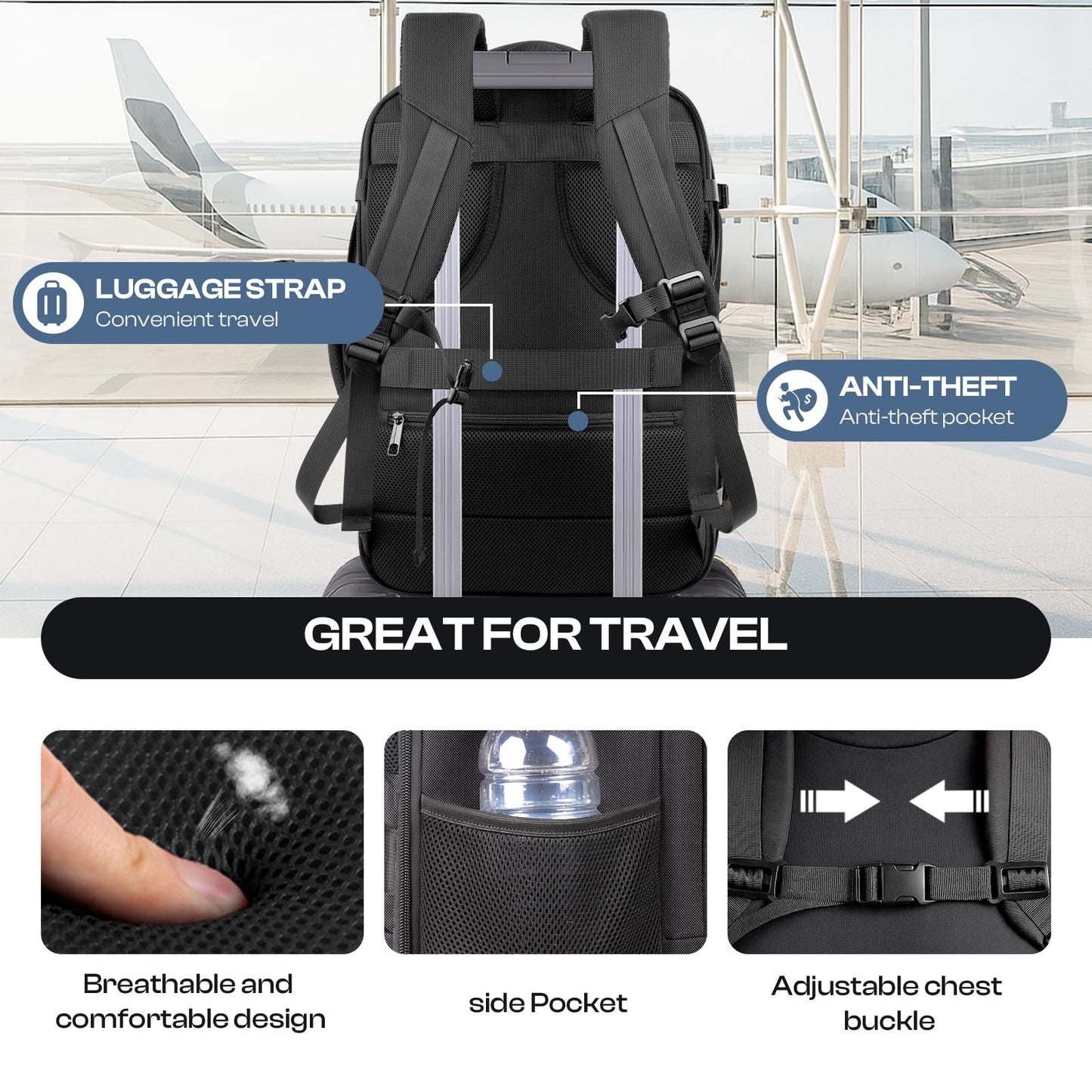 Roomy Travel Backpack, Expandable 40L-50L Carry On Backpack For 17.3" Laptop,TSA Flight Approved Business Travel Backpack w/ Multiple Organizer Pockets for Work,Overnight Trip,College &Daily Commuting