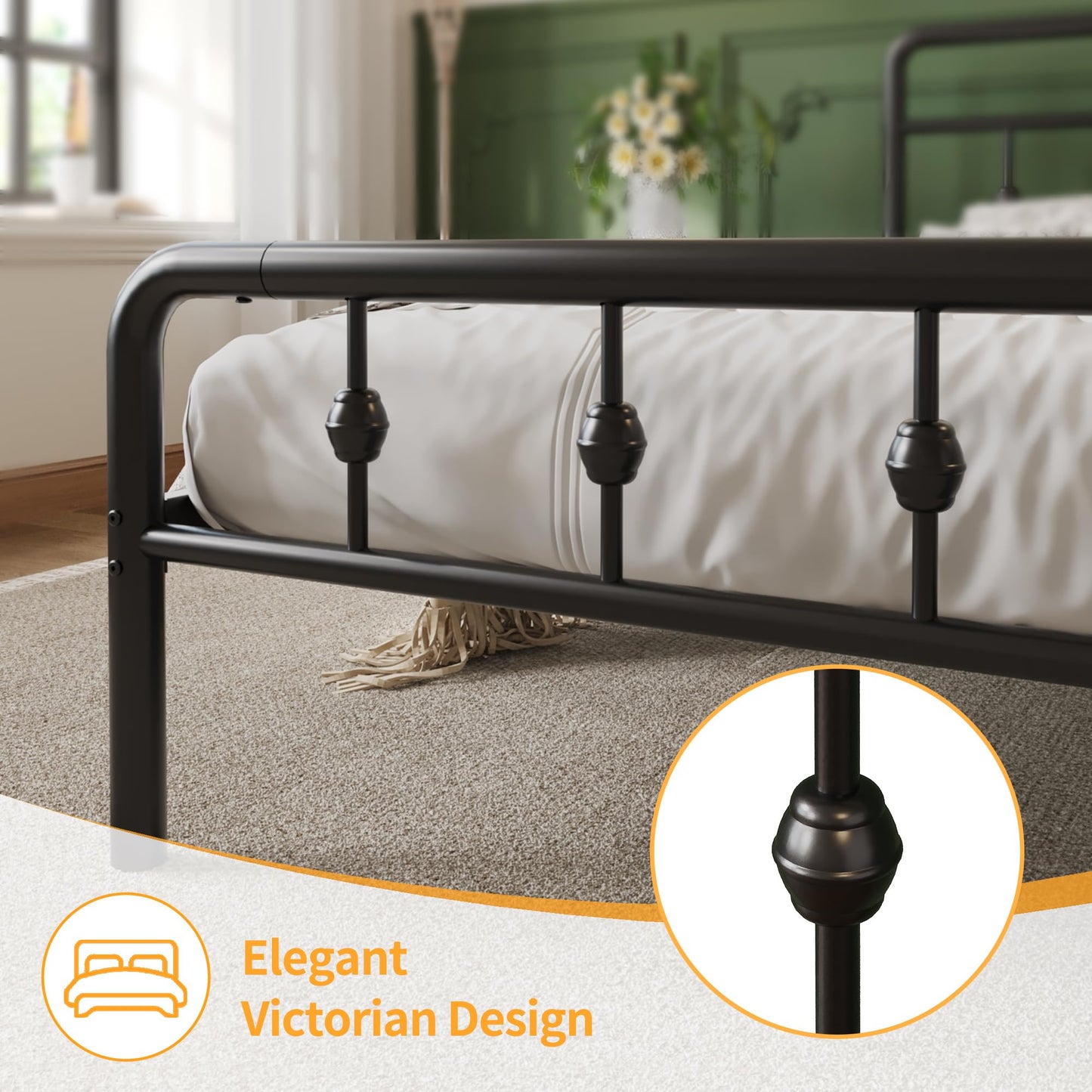 Lutown-Teen 12 Inch Twin Bed Frames with Victorian Vintage Headboard and Footboard, No Box Spring Needed, Heavy Duty Metal Mattress Foundation, Noise Free, Easy Assembly, Black