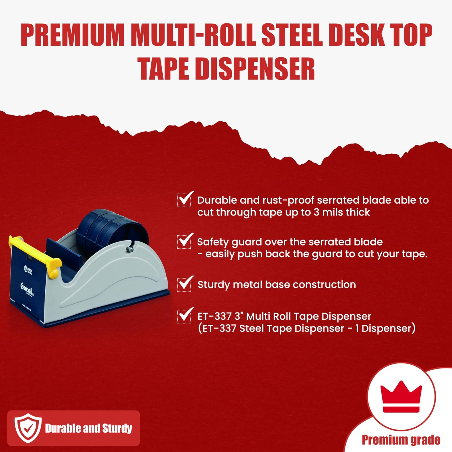 GGR Supplies ET-13370 Blue/Grey Premium Multi-Roll Steel Desk Top Tape Dispenser: 3 in. Wide (3 in. core). Manufactured by Excell