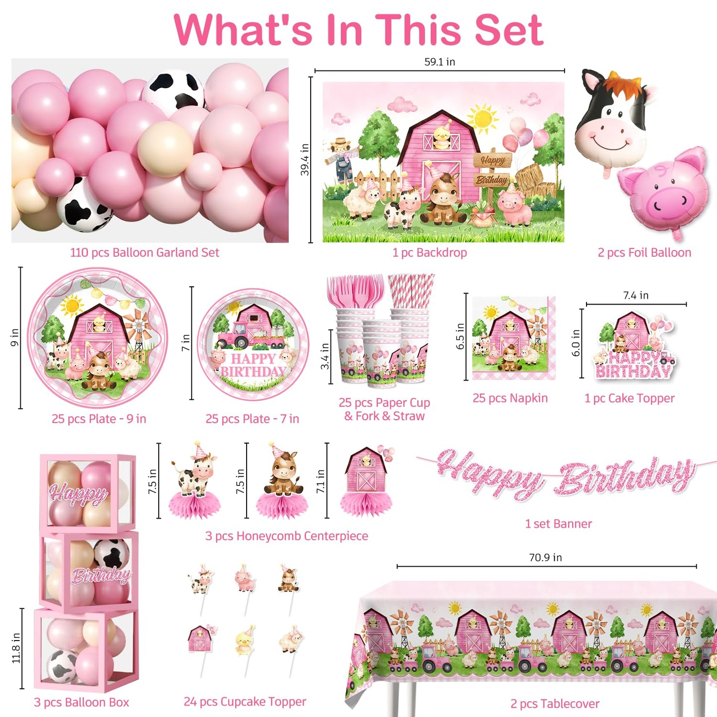 Fexivo 313pcs Farm Birthday Decorations for Girl, Worry-free One-stop Set for 25 Guests, with Thick Plates Banner Centerpieces and Cupcake Toppers, Easy Setup for Farm Themed Party