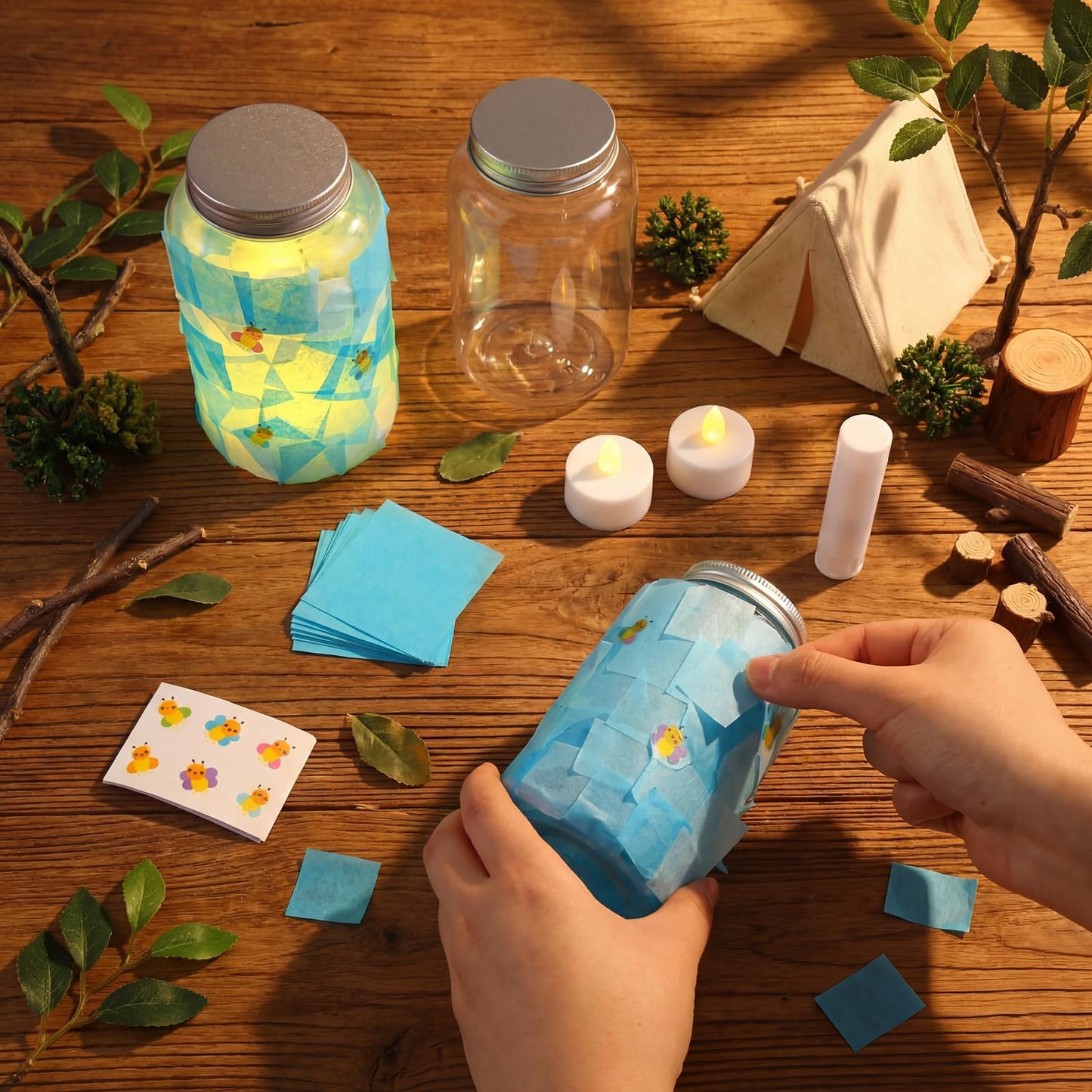 Qinyoung 12 Pcs Fall Crafts Maple Leaves Mason Jars Crafts with LED Candle Light DIY Suncatchers Decoration Make Your Own Autumn Mason Jars Tissue Paper Supplies for Fall Autumn Projects Activity