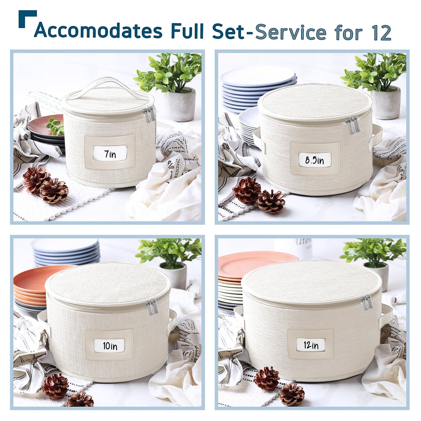 Fine China Storage Containers, 5 Piece Quilted Dish Storage Containers, Mug, Cup, and Plate Dish Organizer with Felt Dividers, Service of 12 Dinnerware Boxes for Moving, Seasonal Organization, Cream