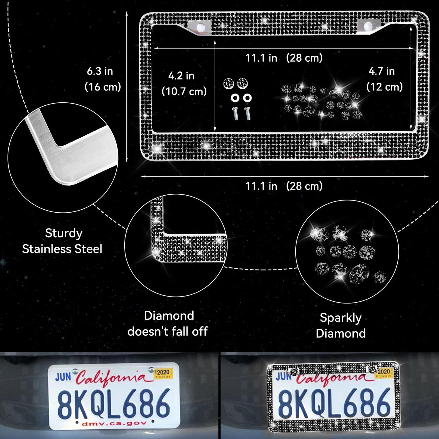 CAR PASS 30 PCS Bling Diamond Car Accessories Set for Women, Bling Steering Wheel Covers 15 Inch, Shining Rhinestone License Plate Frame, Sparkly Phone Holder, Cute Interior Set Decorations, Black