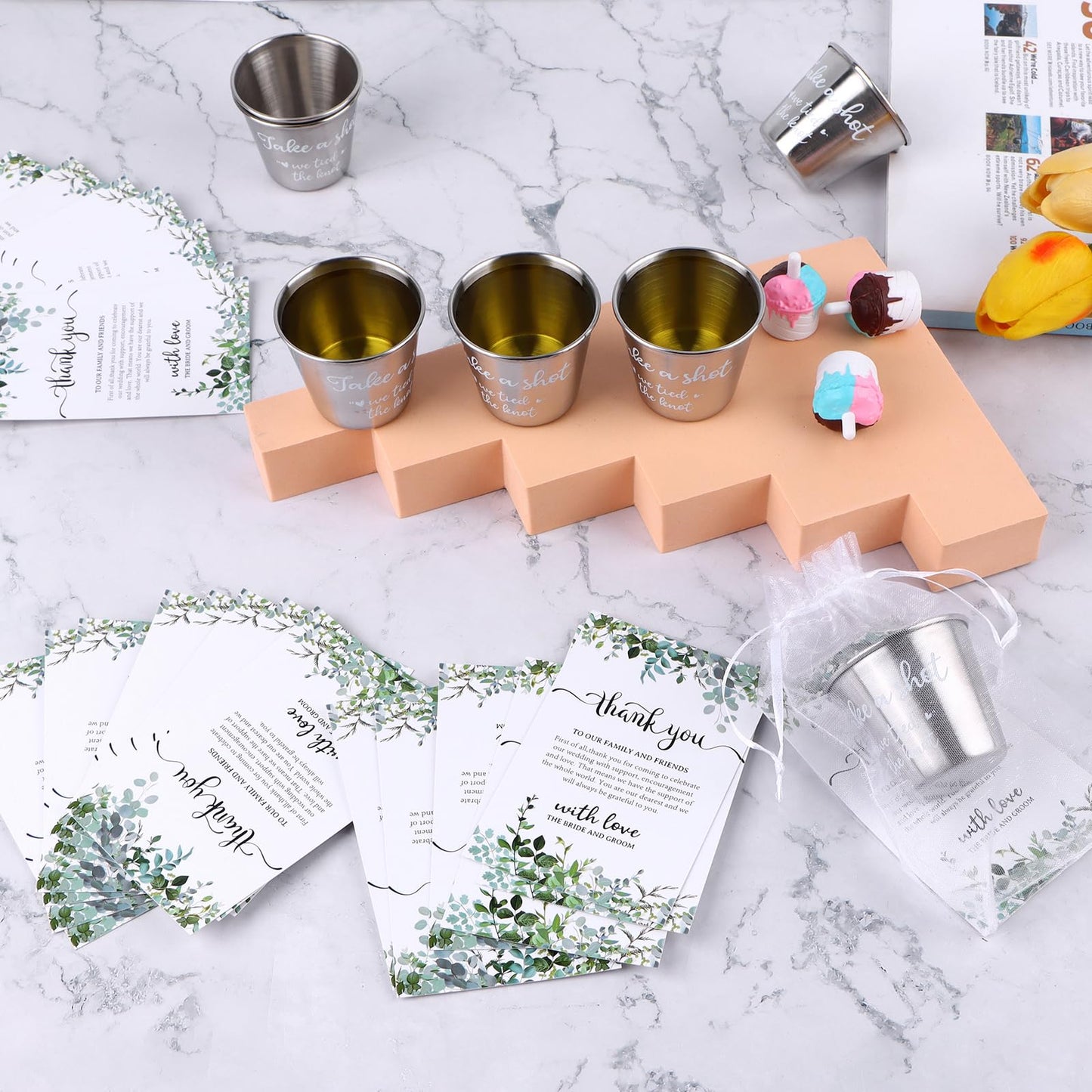 CoscosX 100 Set Wedding Favors for Guests Bulk Includes 1.5 oz Stainless Steel Shot Glasses, Thank You Cards with Organza Bags for Guest wedding Favors Set for Wedding Newlyweds Bridal Shower Gifts