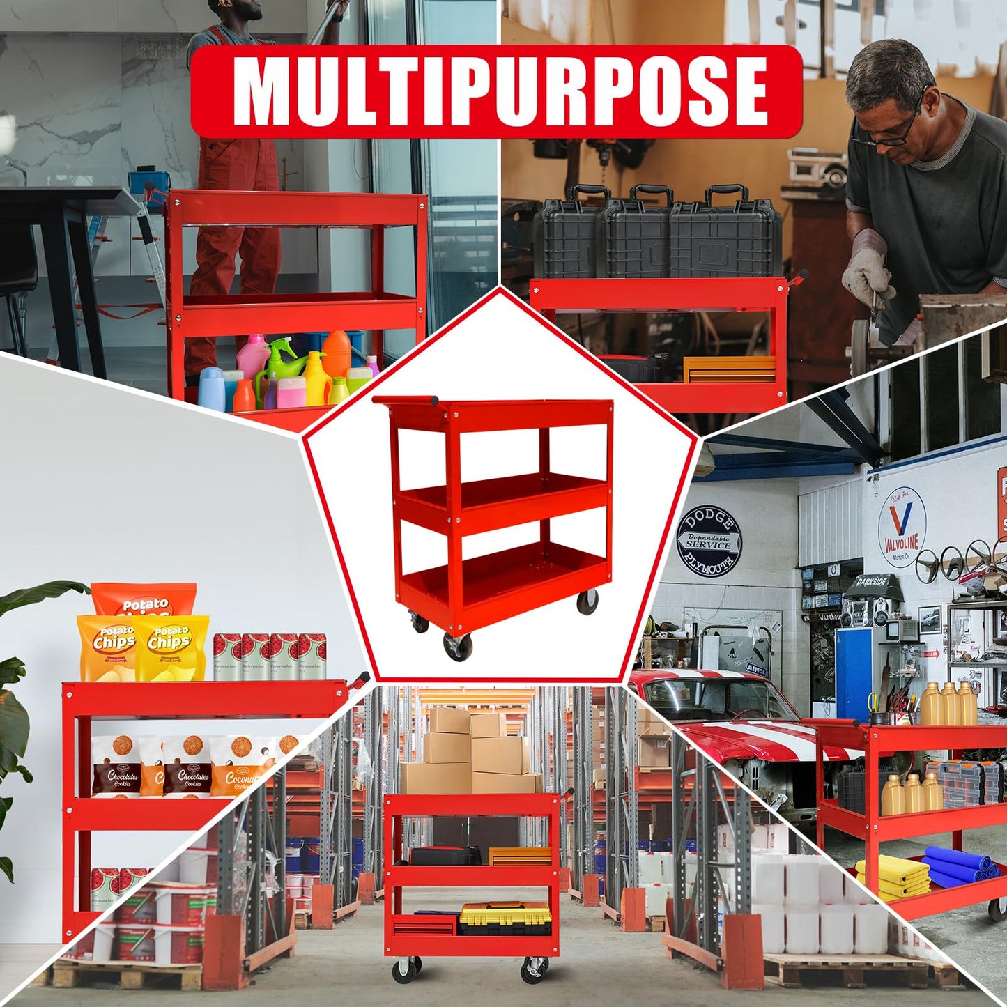 Torin APTC302B Steel Tool Service Push Cart with 3 Shelves and 200 lb Capacity, Red