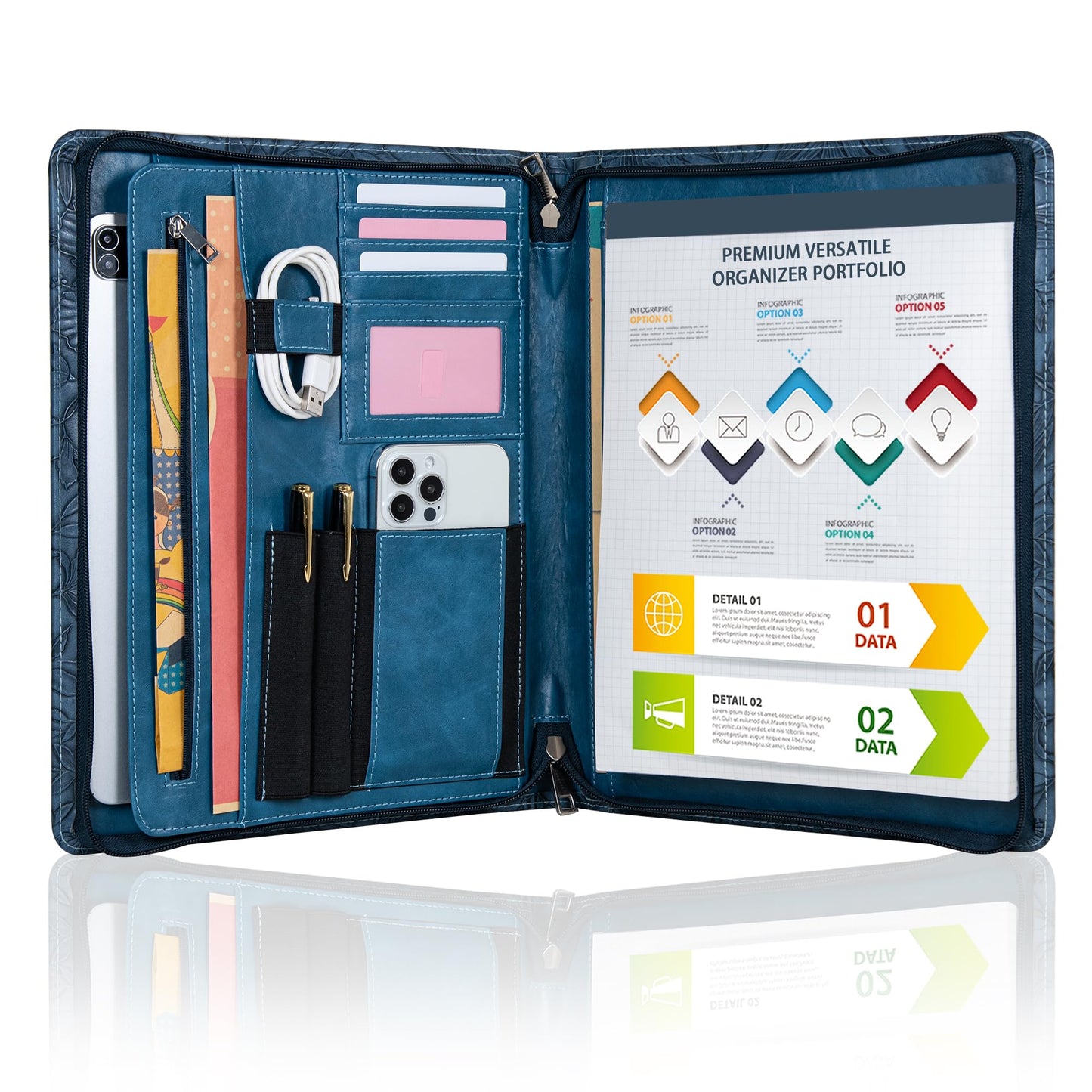 SUCCEWISHER Embossed Vegan Leather Portfolio for Women,Professional Organize Padfolio with A4 Notepad Holder,Professional Business Document Organizer for Women (Blue)