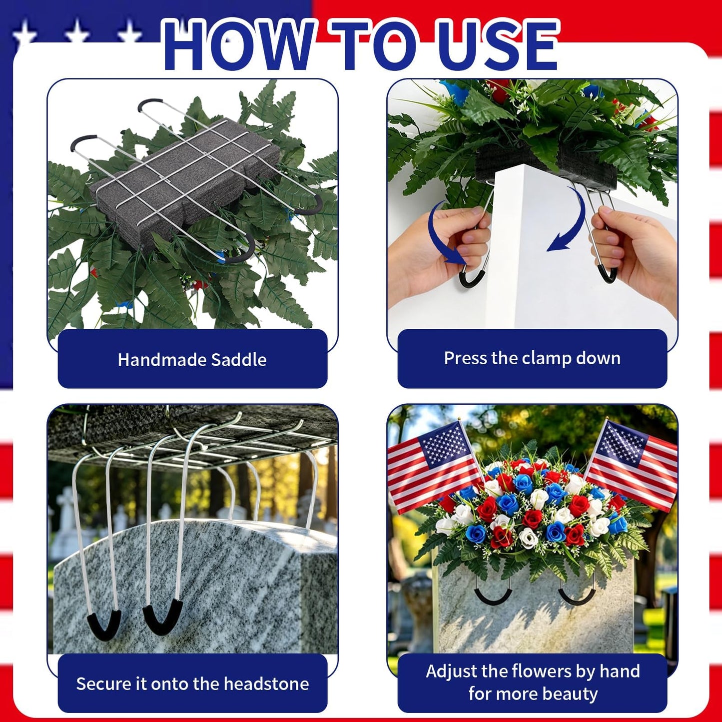 Luabue Artificial Cemetery Flower Grave Saddles for Headstone Roses red White and Blue Artificial Flowers with Flags Memorial Day Decorations for Grave Veterans Patriotic 4th of July Independence Day