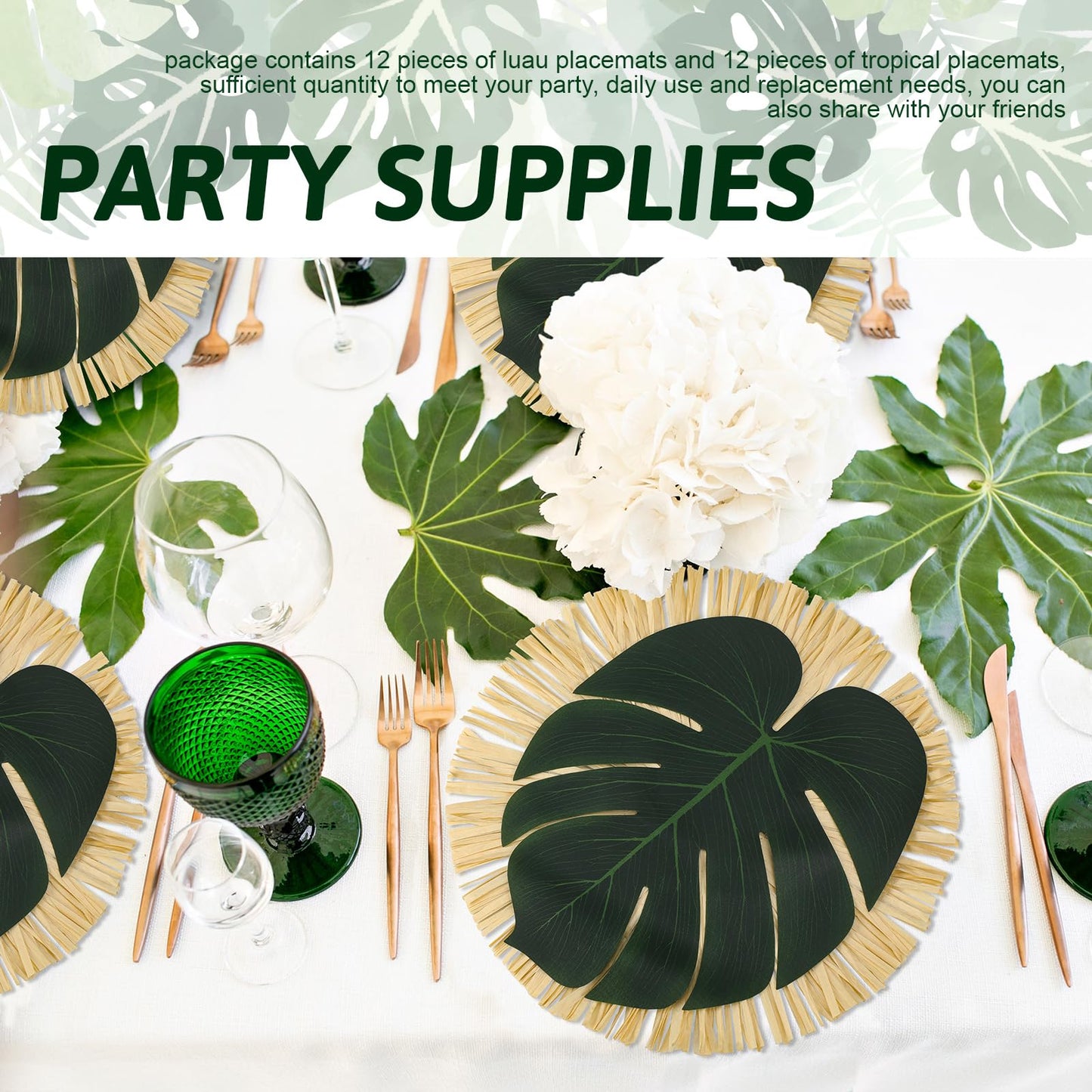 Sunnychicc 24 Pack Luau Placemats and Palm Placemat, Round Luau Fringe Place Mats Tropical Palm Leaf Place Mats Bulk Summer Hawaiian Plate Chargers Table Placemats Tropical Party Supplies