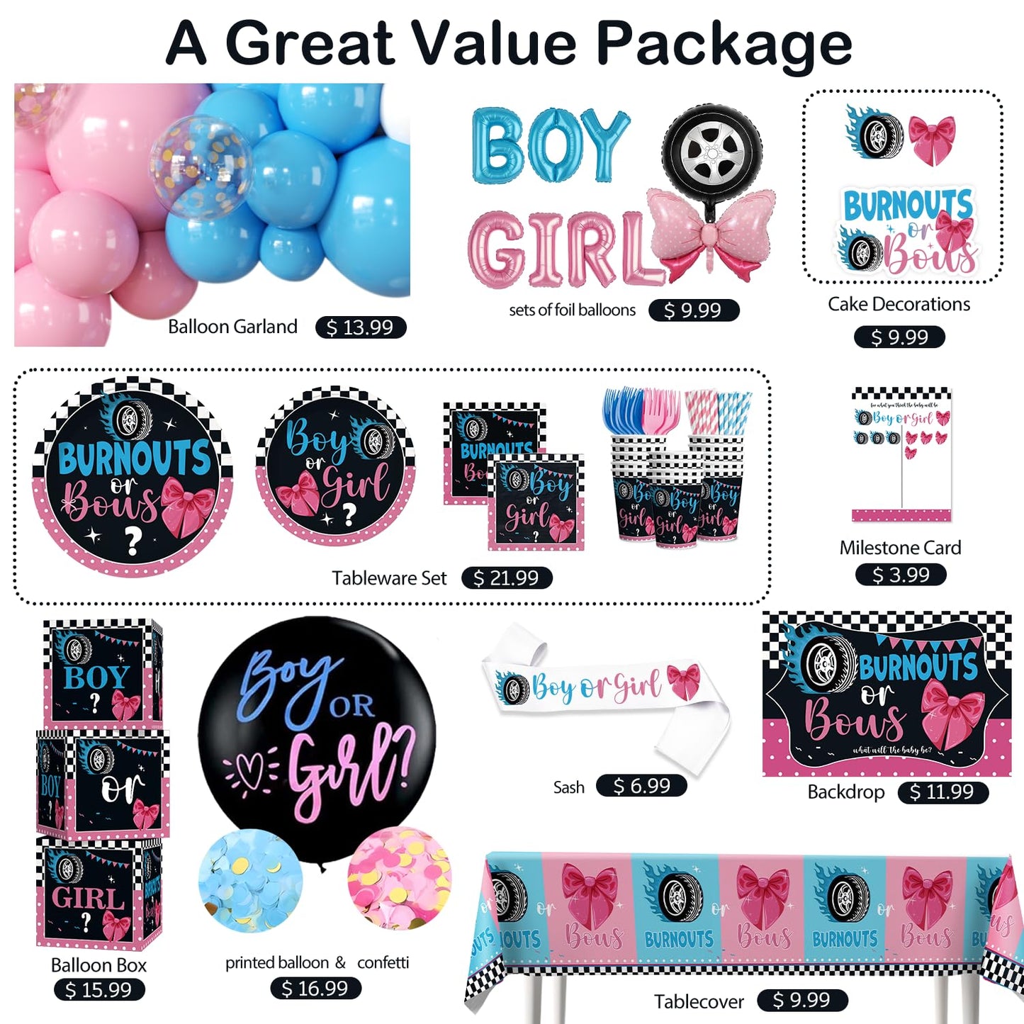 Cocomigo 287pcs Burnouts or Bows Gender Reveal Decorations, One-stop Baby Gender Reveal Decorations Include Burnouts or Bows Plates Backdrop Tablecloths Balloon and Stickers