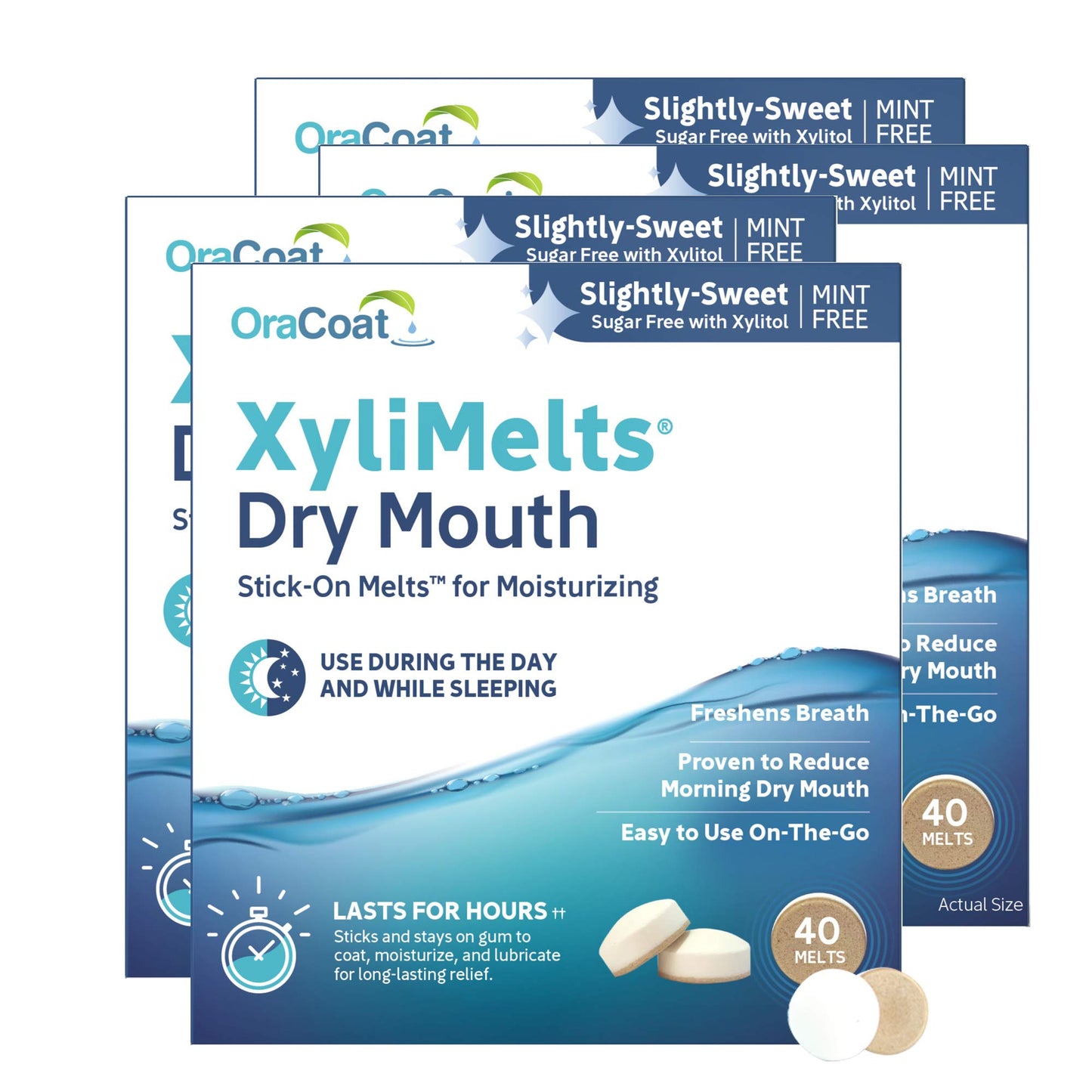 OraCoat XyliMelts Dry Mouth Relief Moisturizing Oral Adhering Discs 40 Count, 4 Pack, Slightly-Sweet with Xylitol, for Dry Mouth, Stimulates Saliva