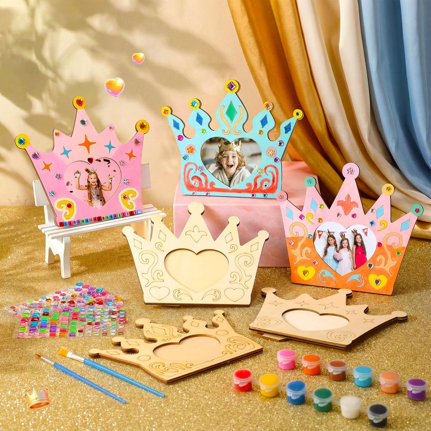 Blueweenly 12 Pcs DIY Picture Frame Painting Craft Kits for Kids Wooden Crown Princess Party Favors Paint and DIY Your Own Frame with 88 Cell Rhinestone Stickers 12 Color Paint Girl Birthday(Heart)