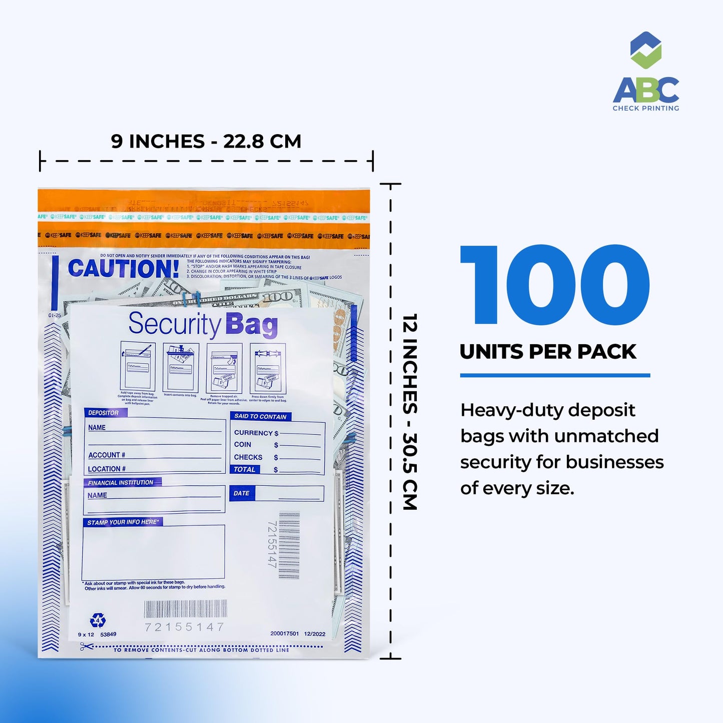 Clear Plastic Bank Deposit Bags | Tamper-Evident Cash Deposit Bag | Tear-Off Receipt | Heavy-Duty 9" x 12" | 100 pcs | ABC Check Printing