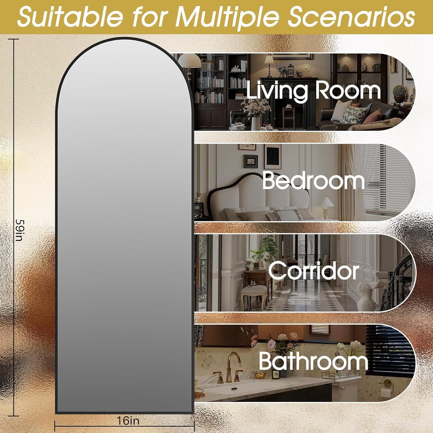 NBGV 59"x16" Floor Mirror Full Length, Arched Full Length Mirror with Stand, Full Body Mirrors for Bedroom Living Room or Cloakroom Black