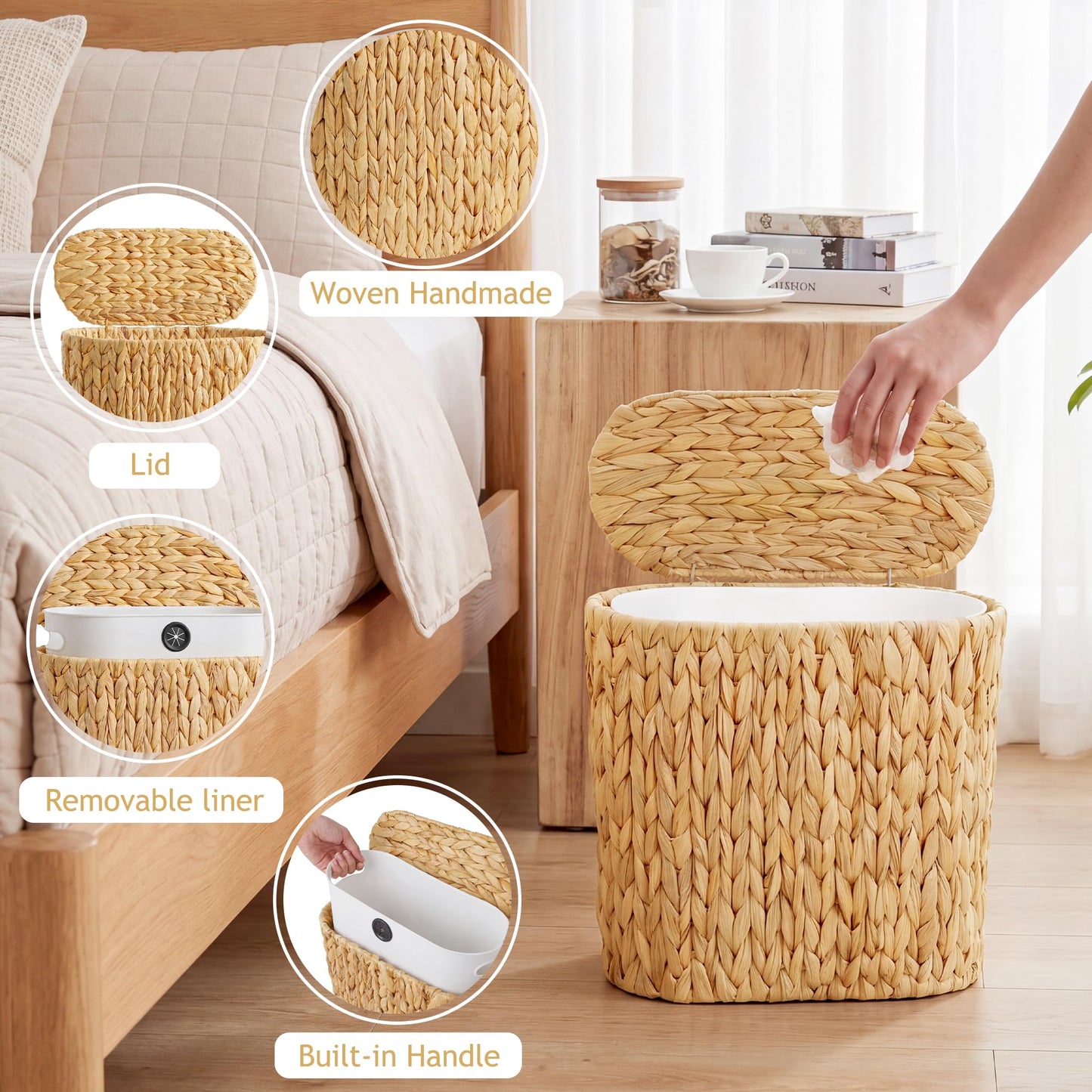 iEGrow 3 Gallon Wicker Trash Can, Bathroom Trash Can with Lid, Narrow Natural Water Hyacinth Waste Basket with Removable Liner, Boho Garbage Can for Bedroom, Office, Small Spaces Living Room, Toilet