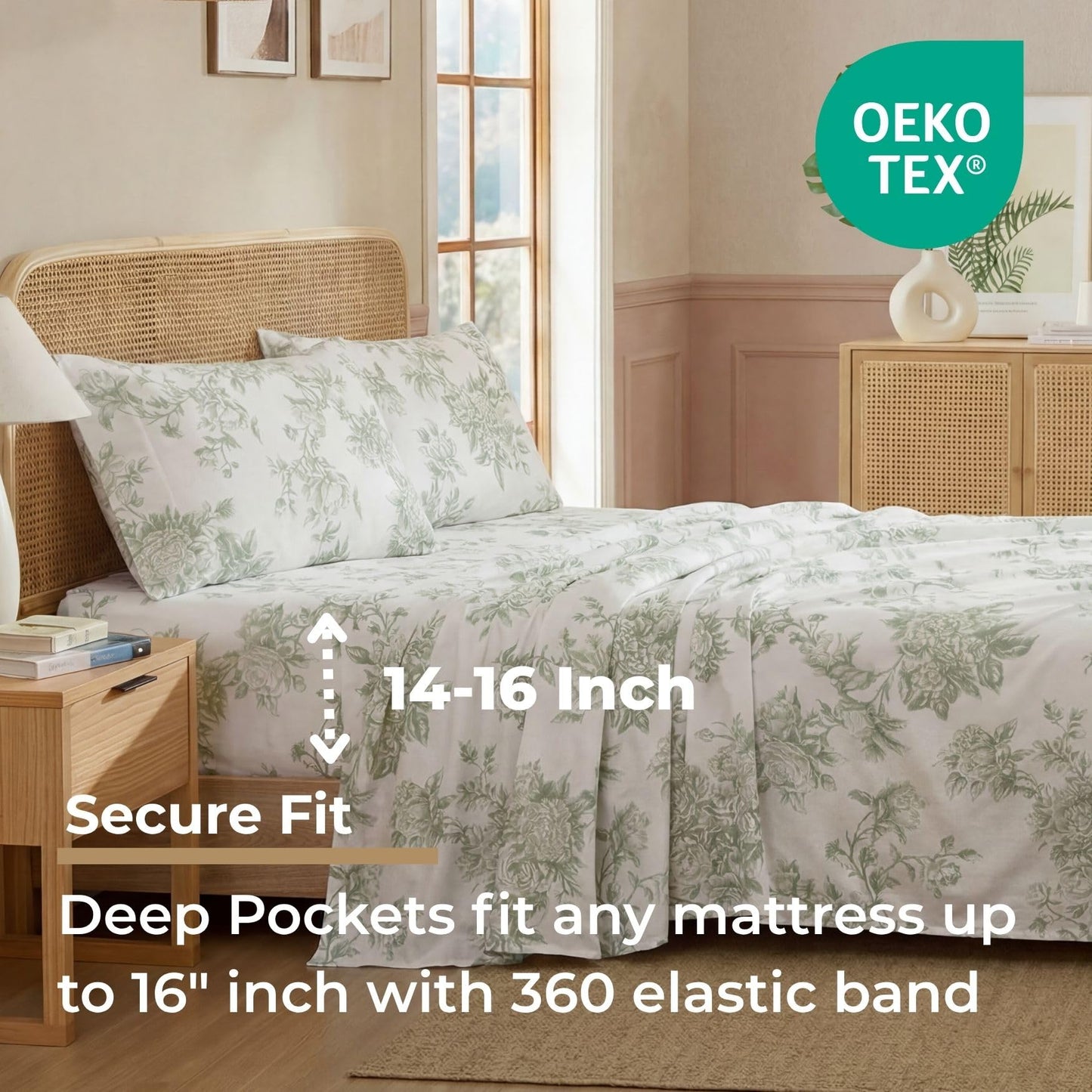 HLC.ME Rose Toile Floral Bed Sheets - 4 Piece Bed Sheet Set - Wrinkle Resistant & Ultra Soft - Fits Mattresses up to 15 Inches Deep (Queen, Sage Green)
