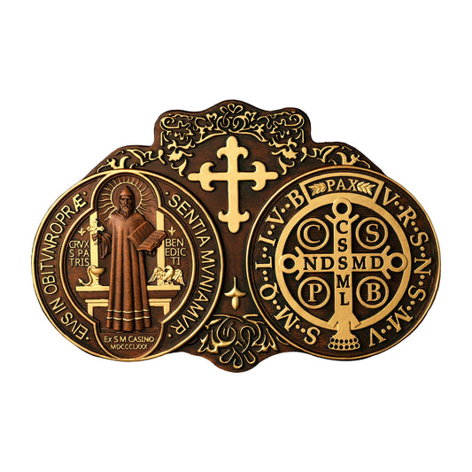 bgcarpenter Wooden Saint Benedict Plaque, St Benedict Medal Wall Decor Wall Art, Handmade Wall Hanging Sign, Religious Wall Plaque for Living Room Bedroom Kitchen - 16 Inch