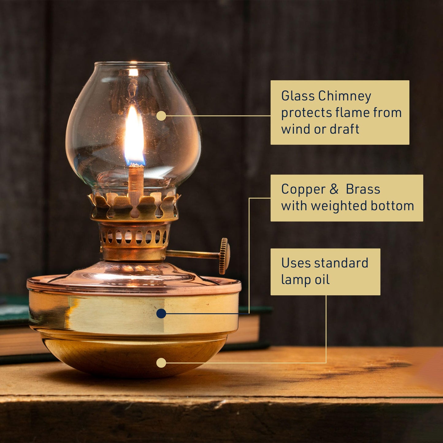 Oil Lamp - 4.75” Tall Nautical Lamp with Naval-Style Copper and Brass Body and Glass Bulb - Decorative Kerosene Lantern with Adjustable Wick - Oil Lamps for Indoor or Outdoor Use by Kings County Tools
