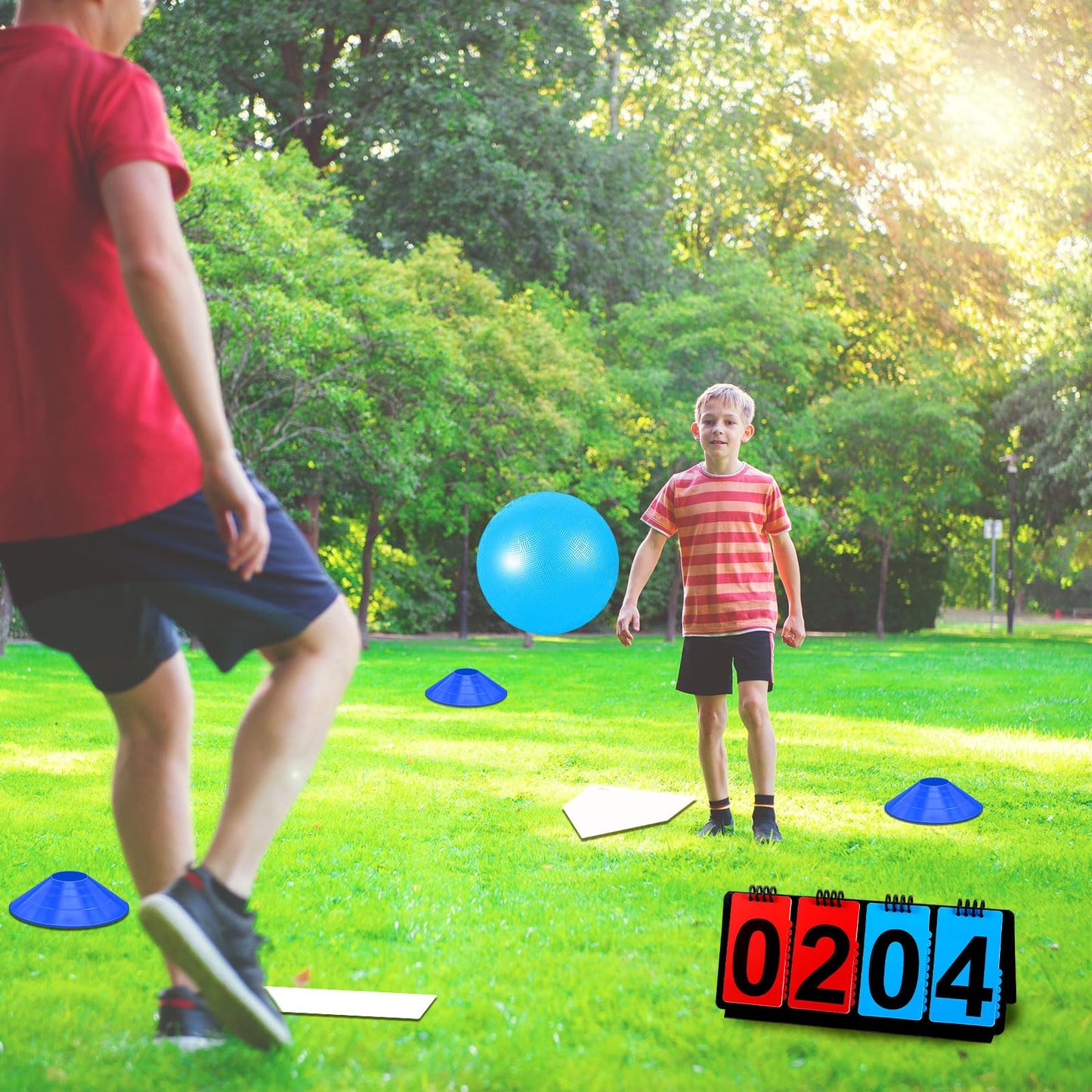 Jenaai 18 Pcs Sports Kickball Set Includes 10 Inches Playground Ball 5 Rubber Throw Down Bases Ball Pump Scoreboard Net Bag 10 Foul Line Cones for Kids Adults Playground School Backyard Game (Blue)