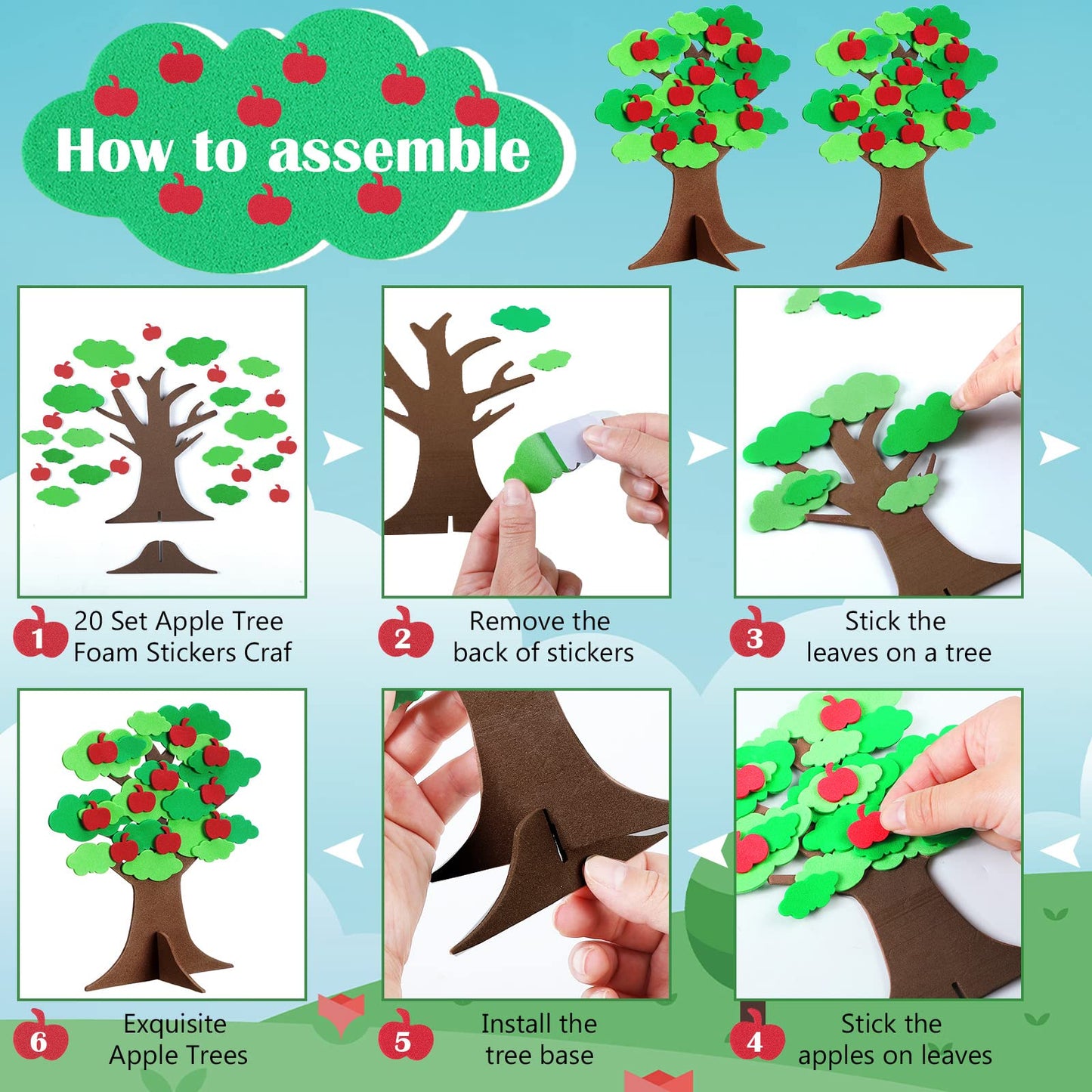 Nuanchu 20 Set 3D Foam Tree Craft Apples Leaves Sticker Self Adhesive Foam Tree Glitter Apple Sticker Summer Trees for Craft Project Family Art Activity