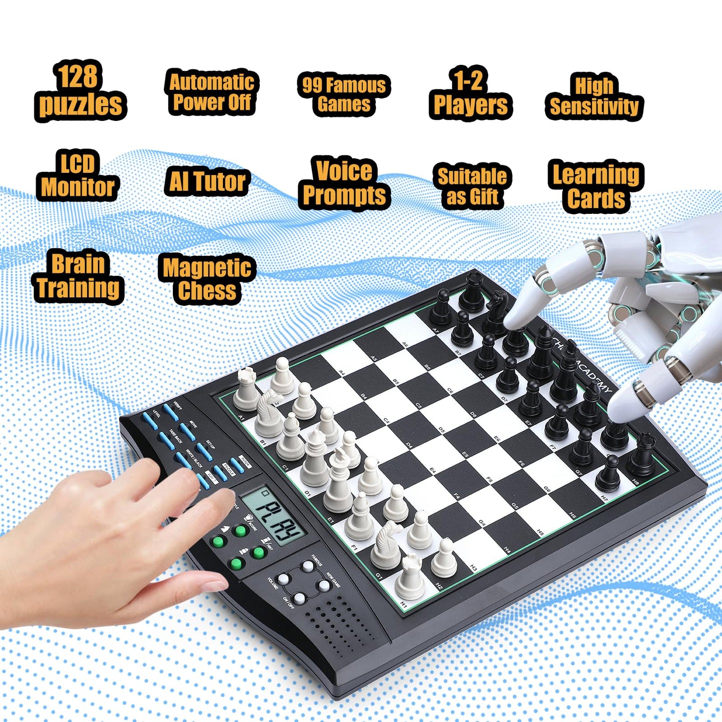 LEVEROAM Talking Chess Academy with Voice Teaching System, Electronic Chess Set with Strong Magnetic Pieces, Electronic Chess Board with Rating ELO 2000, Smart Chess Board Great for Brain Training