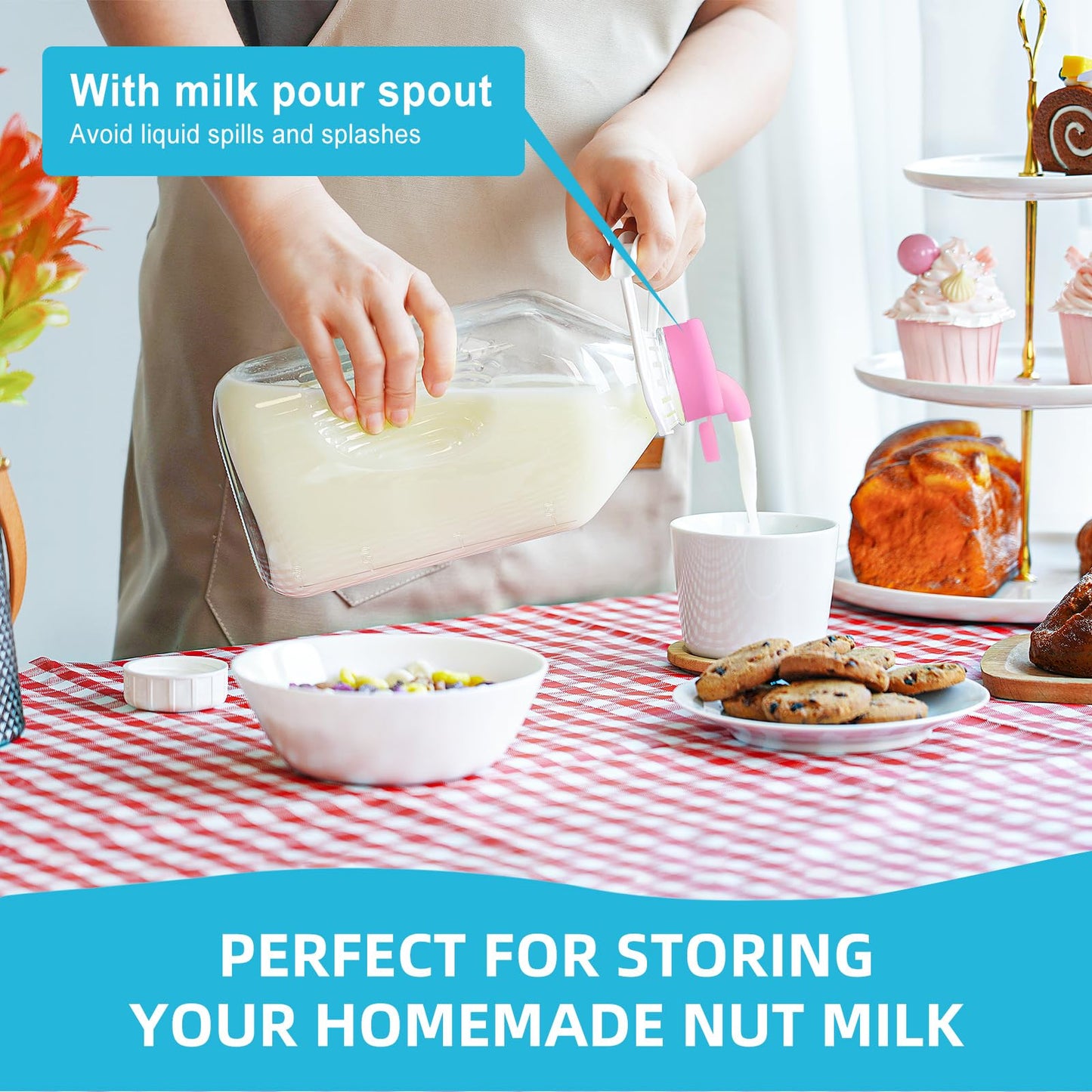 1/2 Gal Glass Milk Bottle with Airtight Screw Lid - Glass Pitchers with 8 Handle and 8 Lids, 64 Oz Heavy Duty Glass Milk Jug Pitcher with 2 Exact Scale Lines for Juicing Water Bottles