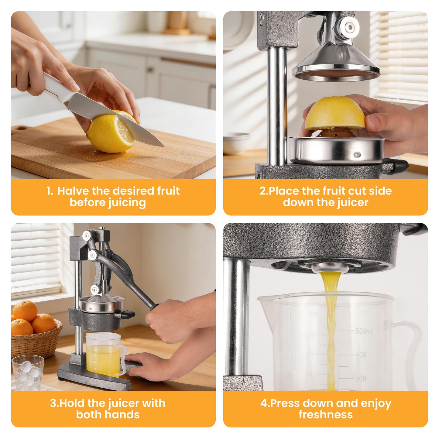 Zeluna Cast Iron Juicer Manual Hand Press Squeezer for Citrus & Pomegranate – Easy to Clean Metal Juice Press with Stainless Steel Bowl, Ideal for Home Cooks, Health Enthusiasts, and Bartenders