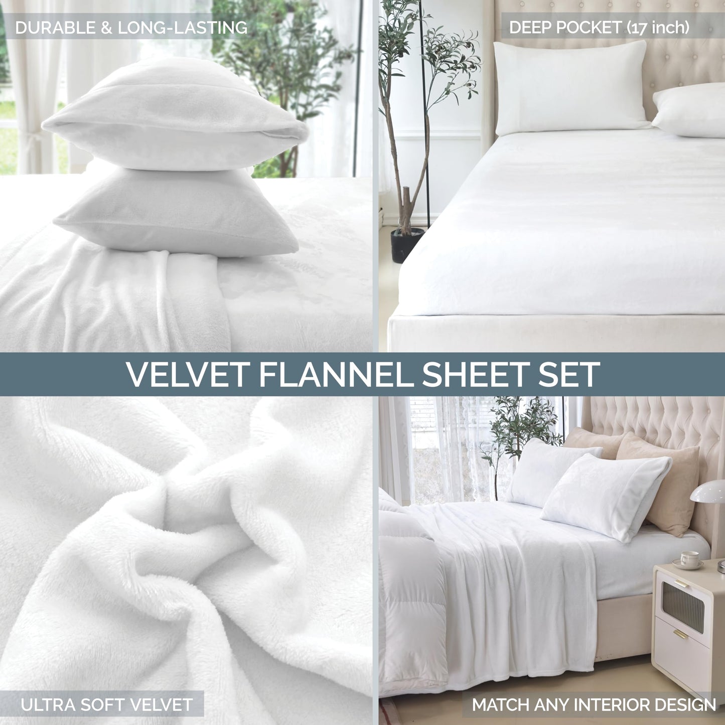 Elegant Comfort Luxuriously Soft 4-Piece Velvet Plush Flannel Sheet Set - Premium Quality - Cozy Warm, Anti-Static, Non Pilling Fuzzy Velvet Flannel Fleece Deep Pocket Sheet Set - Cal King, Gray