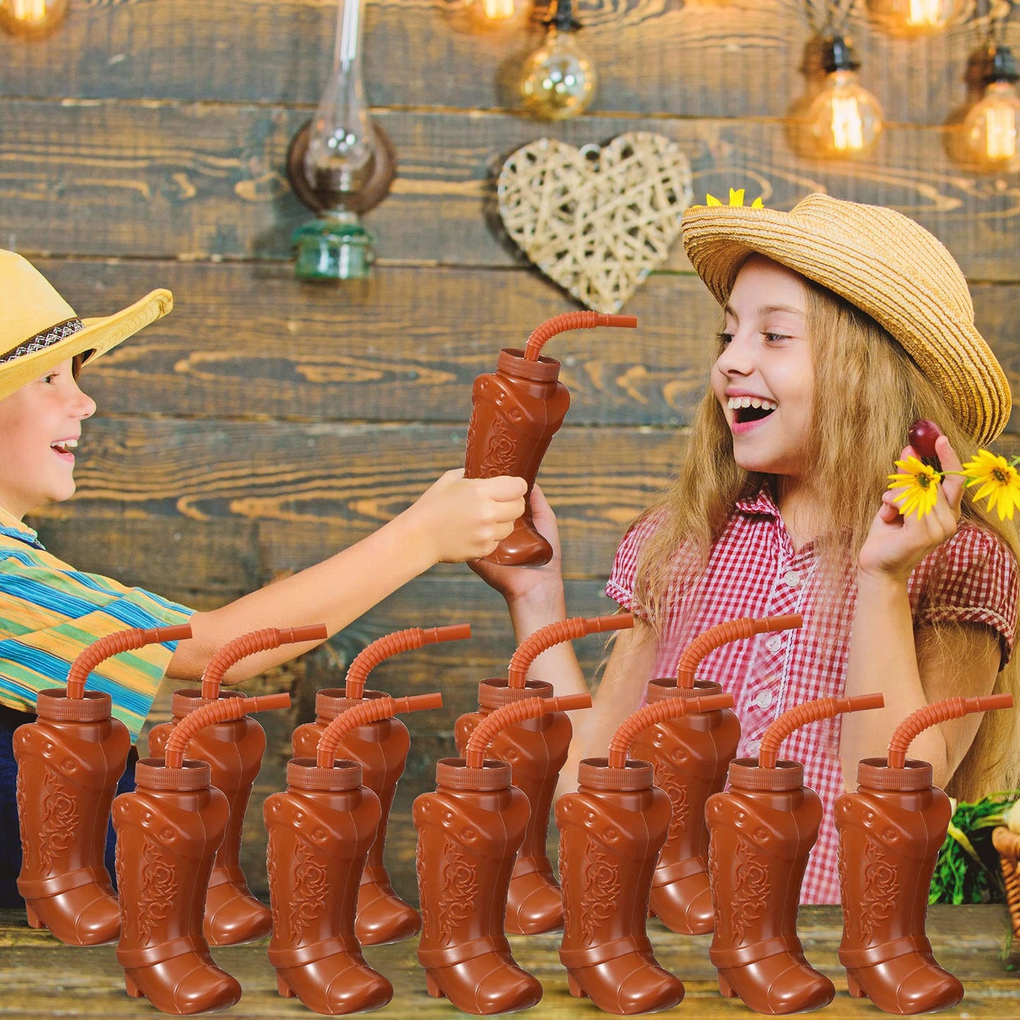 Hoolerry 24 Pcs 10 oz Plastic Cowboy Boot Cups with Straws and Lids Plastic Cowboy Cups for Western Themed Party Supplies and Rodeo Party Decorations (Brown)