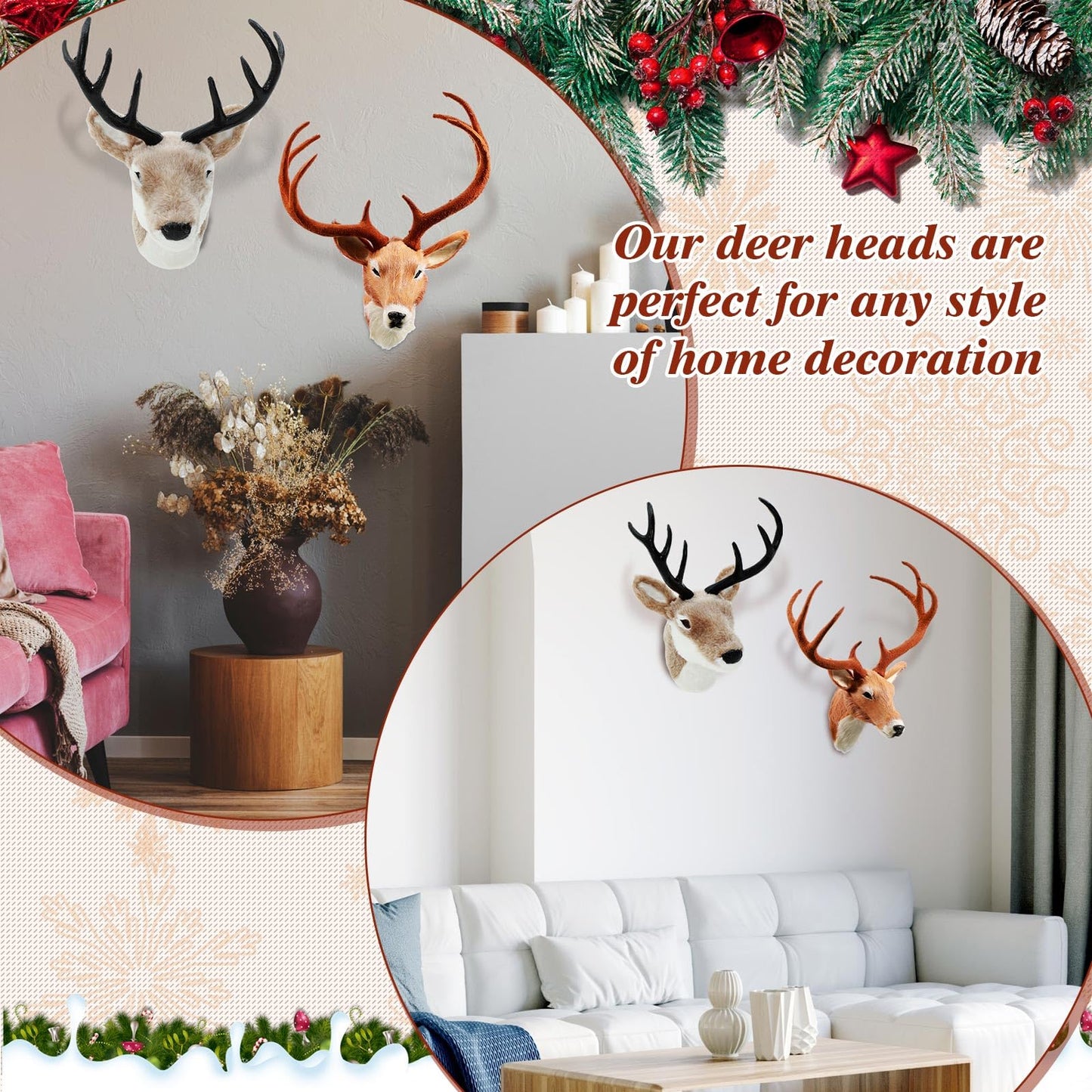 Arrowbash 2 Pack 13" The Elk Plush Stuffed Animal Wall Mount Plush Stuffed Animal Taxidermy Head for Christmas Home Wall Decoration Adult(Deer Head)