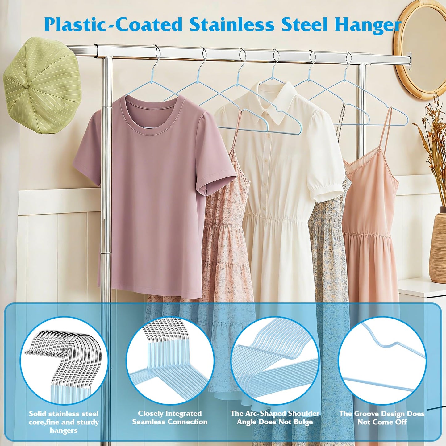 150 Pack Clothes Hangers,Non Slip Blue Plastic Coated Metal Coat Hanger for Closet,Sturdy Thin Hangers Bulk Space Saving Hangers for Pants,Skirt,Shirt,Dress,Tie