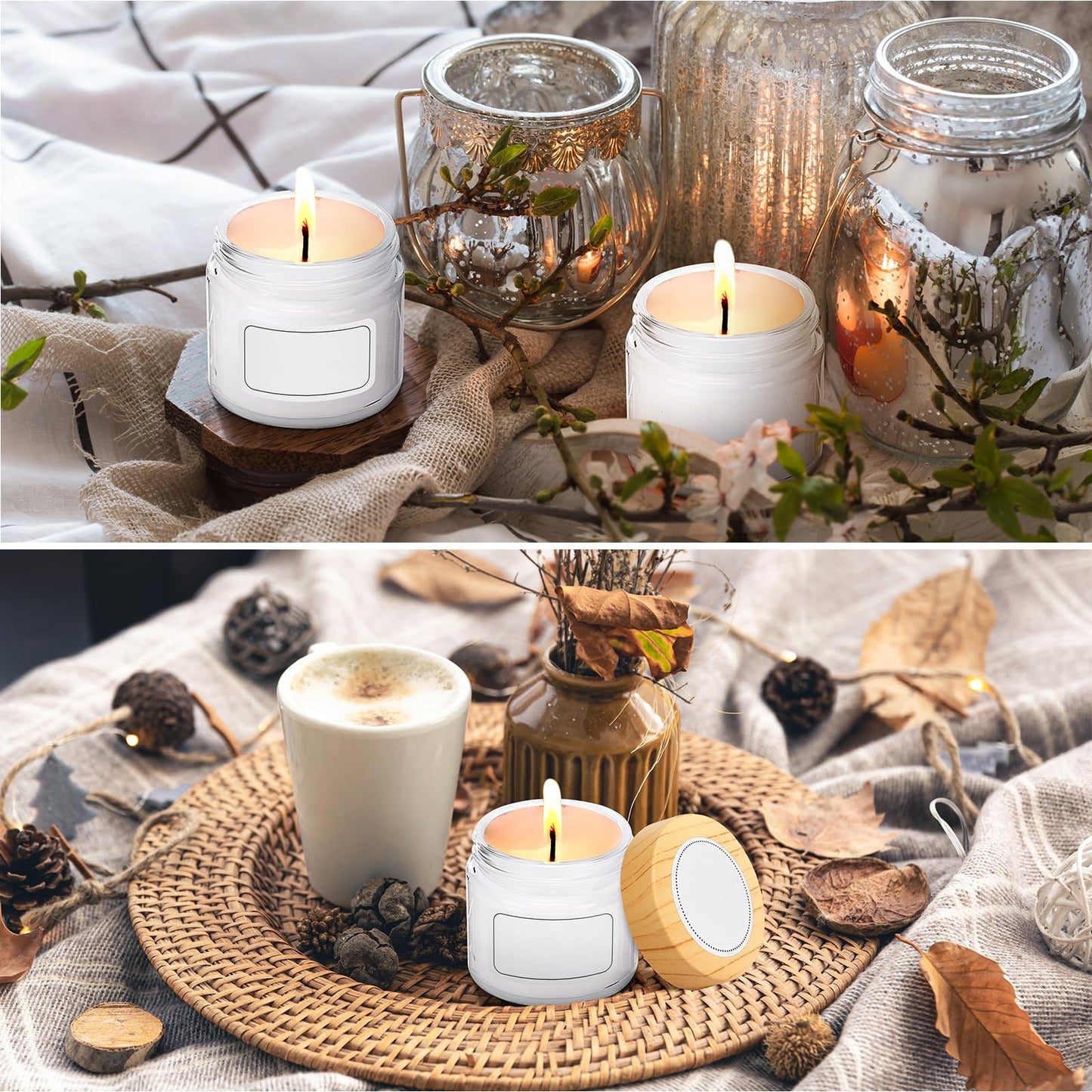 Layhit 24 Pcs Glass Jars with Lids Clear Small Jars with Woodgrain Lids, White Labels and Inner Liners Empty Round Cosmetic Containers for Creams Lotions Powder Ointments Candle Making(2 oz)