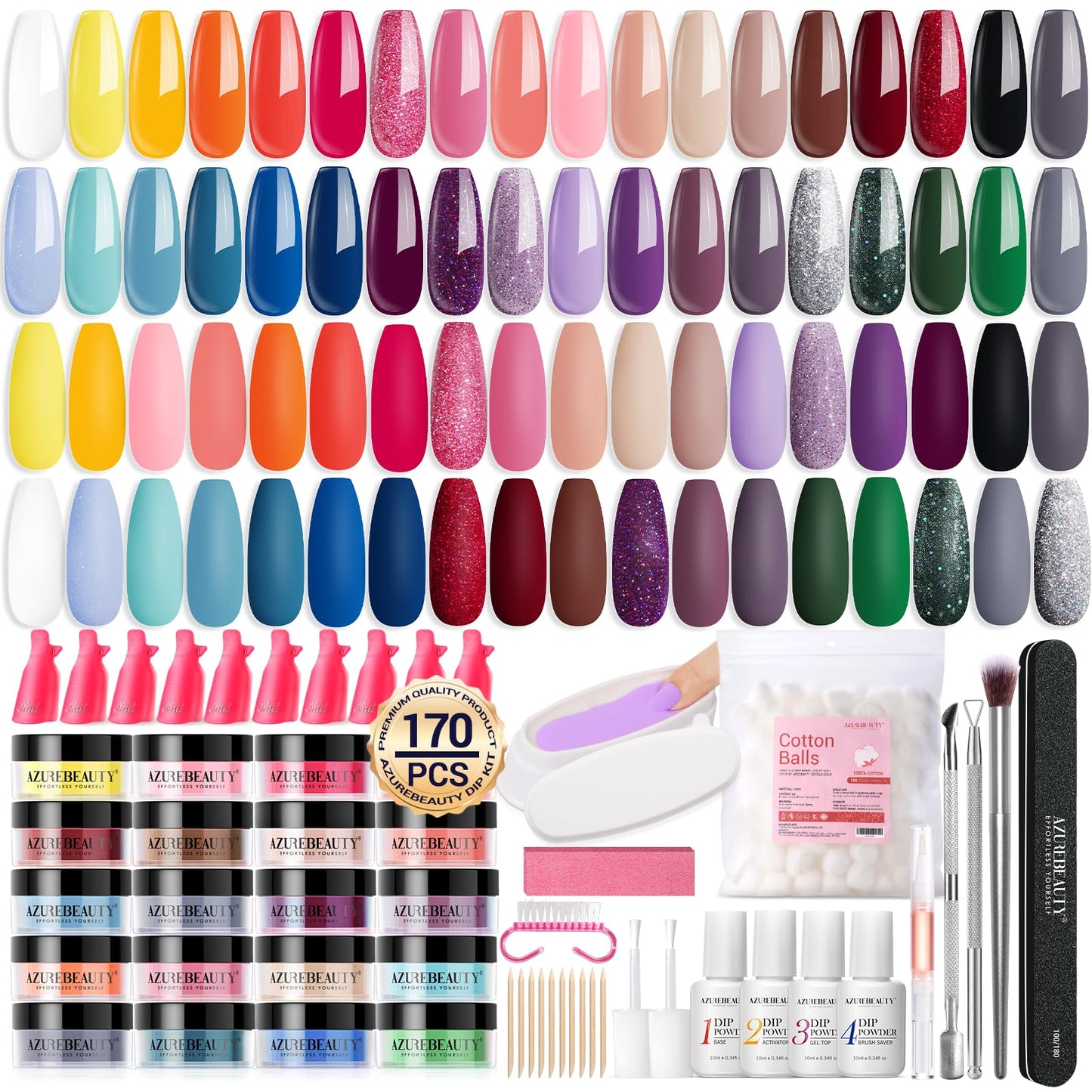AZUREBEAUTY 170Pcs Dip Powder Nail Kit Starter 36 Colors Pink Red Purple Spring Summer Dipping Powder with Base/top Coat Activator Dip Liquid Set + Nail Removal Accessories Set for Gift