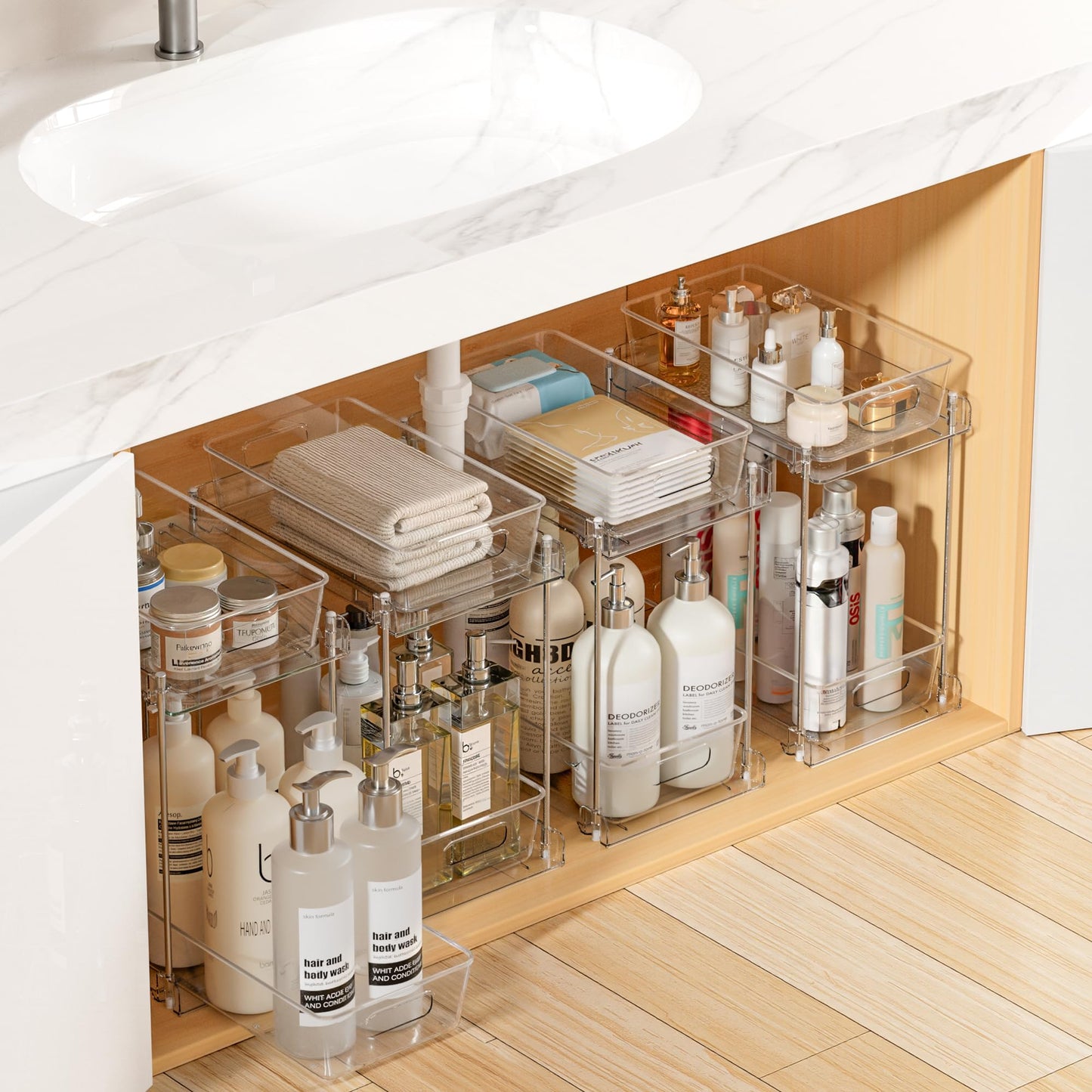 Vtopmart 4 Pack Higher Bathroom Organizer, 2 Tier White Under Sink Organizers Vanity Countertop Storage Container,Cabinet Drawers Bins, Pull-Out Organization with Track for Pantry, Kitchen