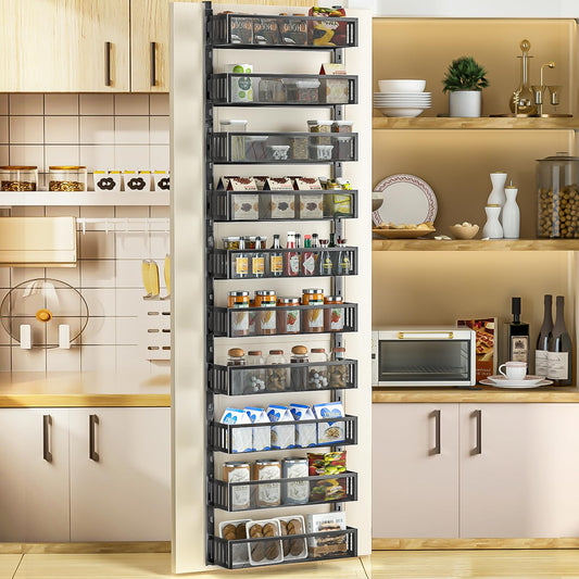 DAOTENGQL 10-tier Over The Door Pantry Organizer with Mesh Baskets, Adjustable & Stable Hanging Spice Rack for Kitchen, Bathroom, Bedroom, and Baby Essentials Storage (16" W 10-Tiers, Black)