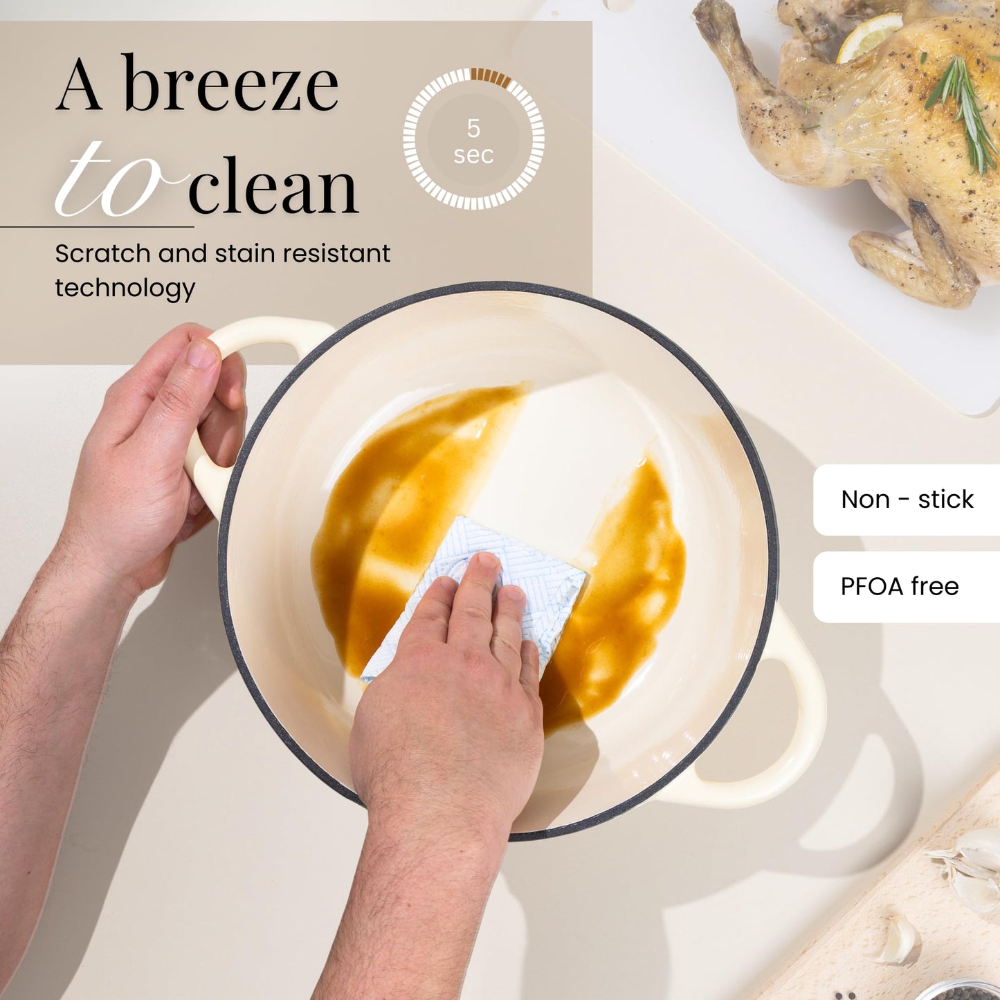 Nuovva Enamelled Cast Iron Dutch Oven Pot with Lid-6.4 Quart Non Stick Casserole Pot-Heavy Duty & Oven Safe up to 500° for Bread Baking, Braising, Stews, Roasting - 28cm Cream