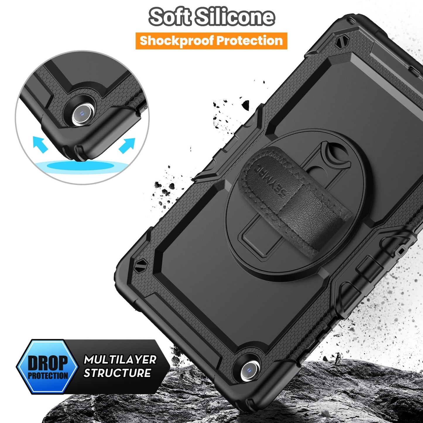 SEYMAC Case for Samsung Galaxy Tab A9+/ A9 Plus Case 11" 2023 (SM-X210/X216/X218), Heavy Duty Shockproof Protective Case with Screen Protector, Rotating Stand and Hand/Shoulder Strap, Black